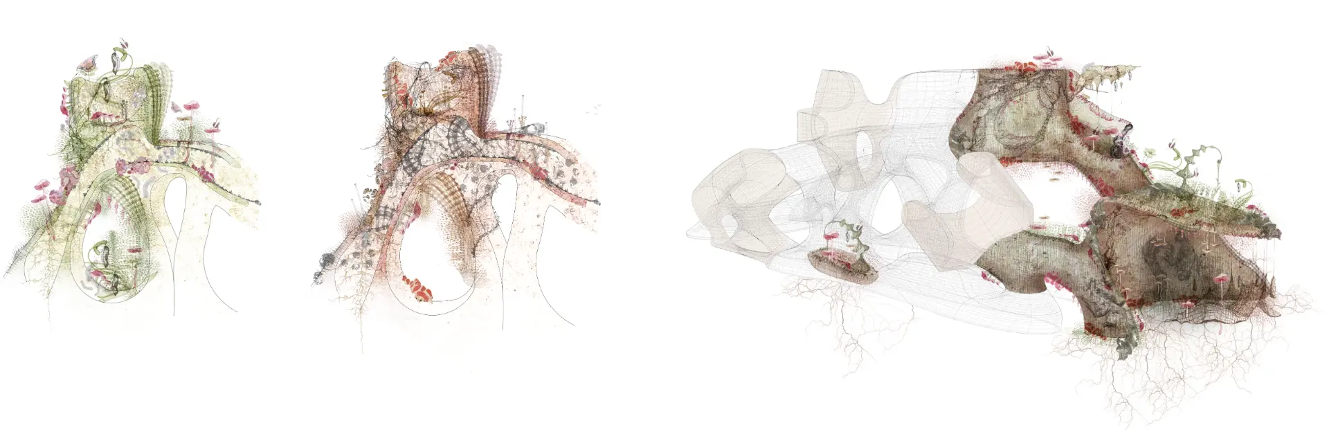 Architectural sections of porous organic structures with a three-dimensional wireframe