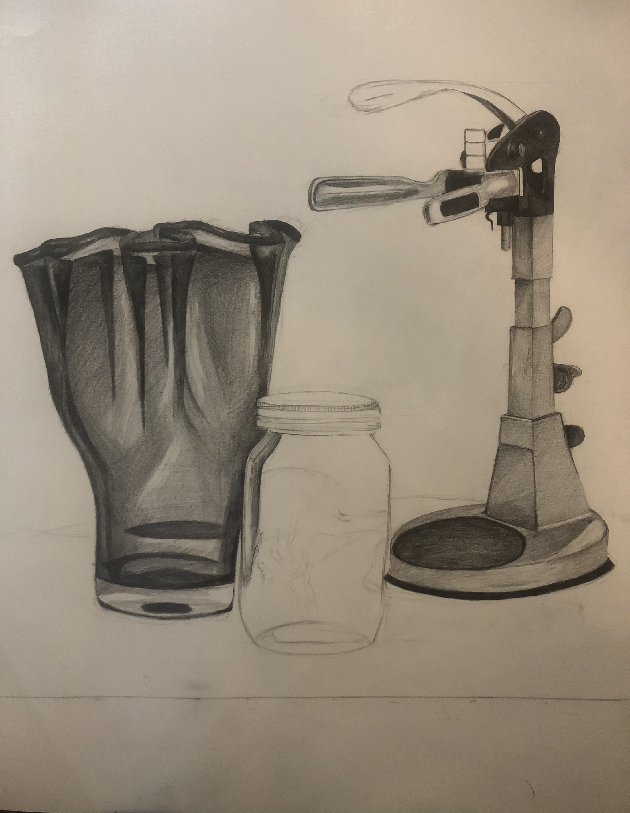 Pencil study of glassware, a jar and a corkscrew press