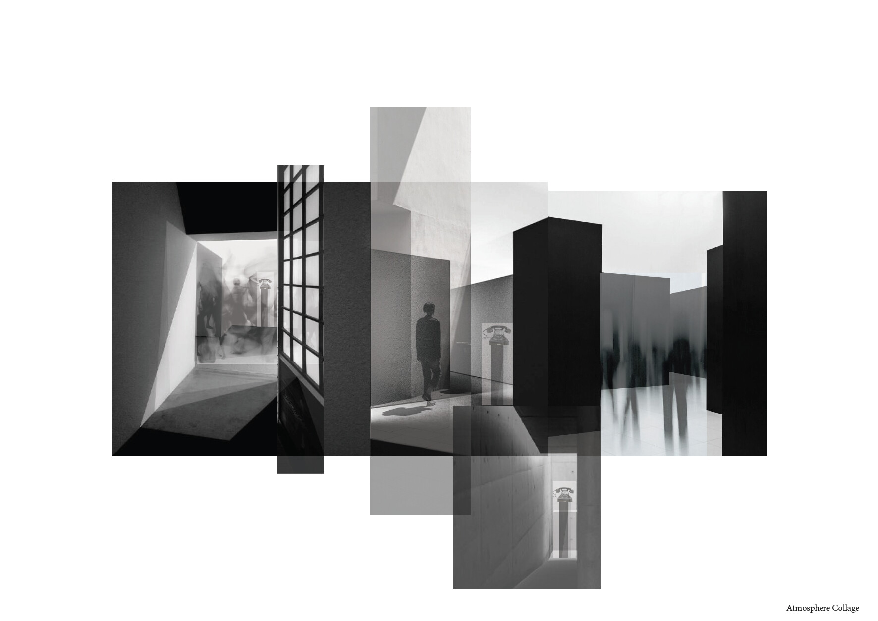Atmosphere collage of dark volumes, a gridded window and blurred figures in light