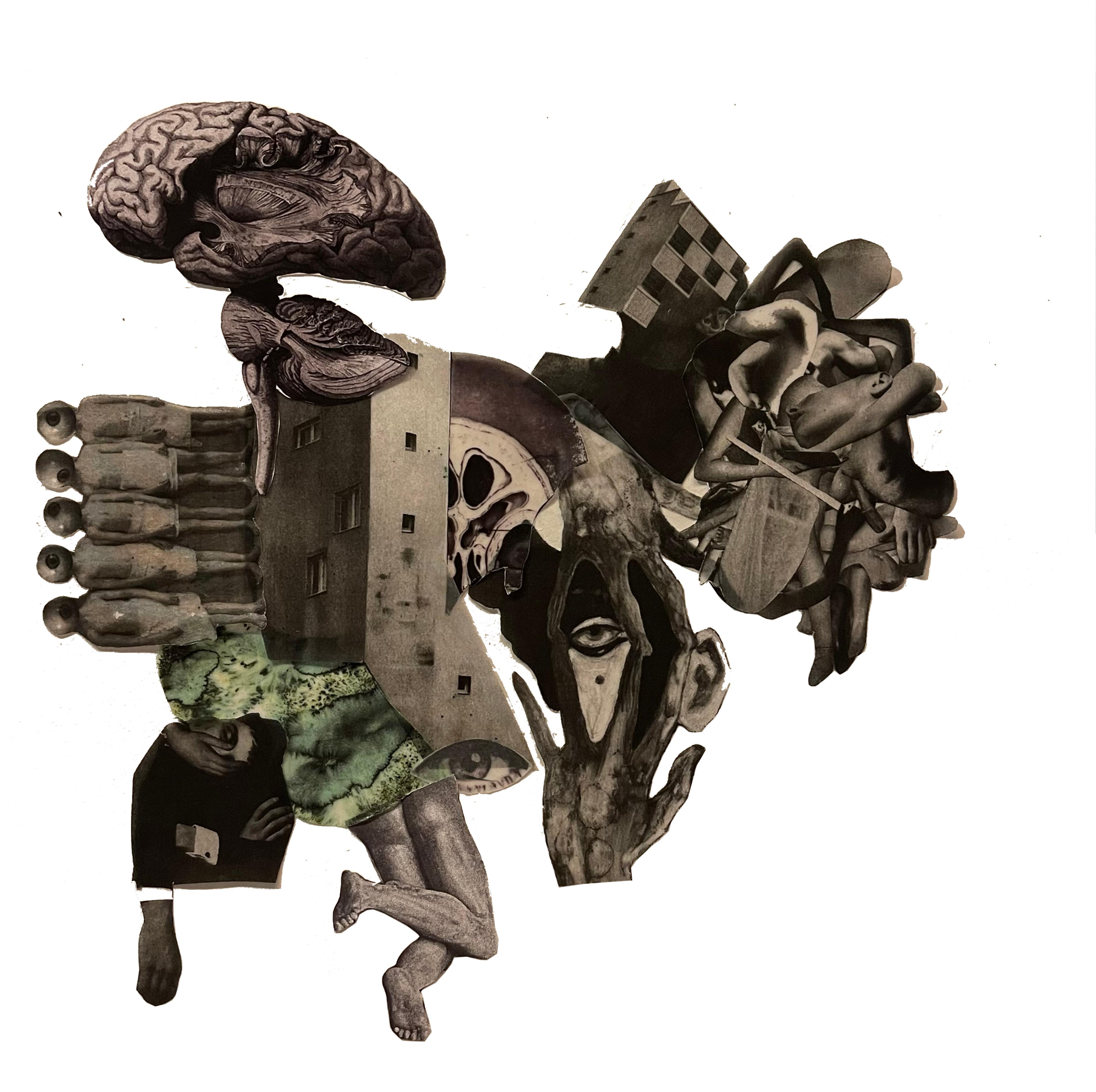 Surreal cut-paper collage of a brain, figures, architecture and a tree
