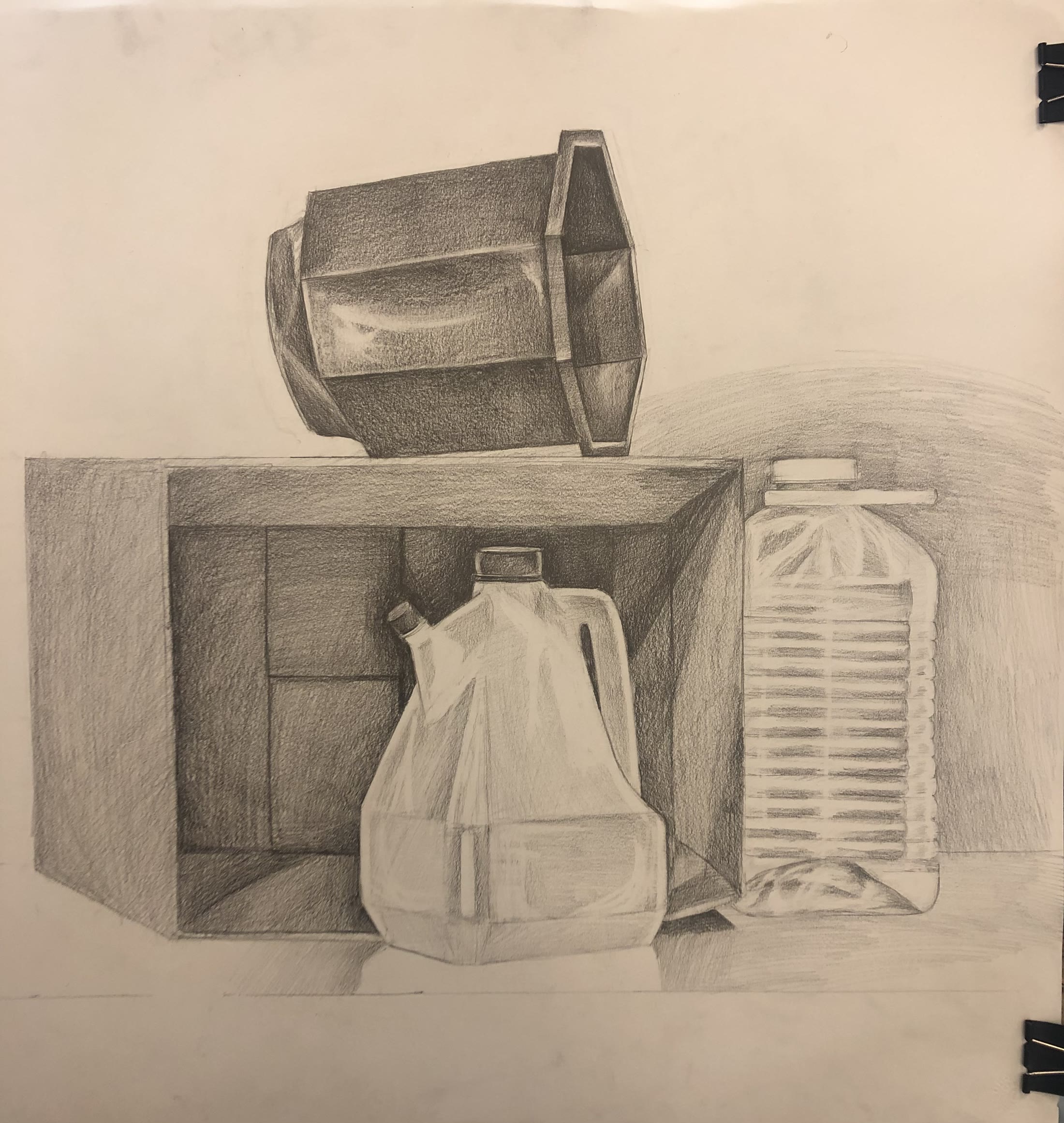 Pencil study of a cardboard box, plastic canisters and a bottle