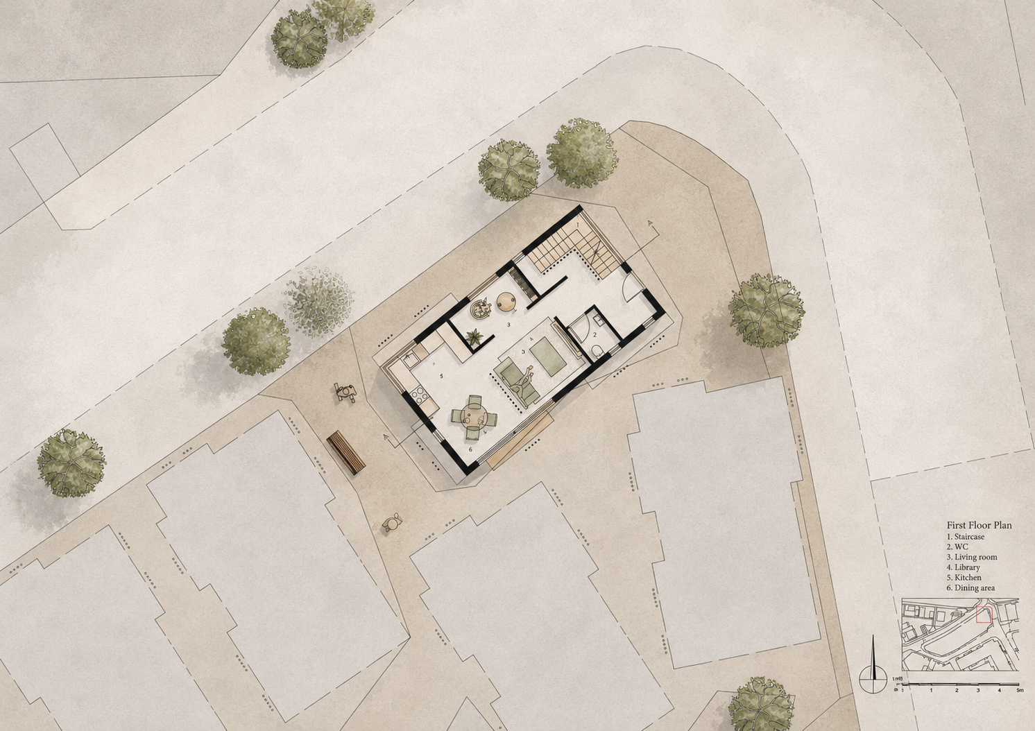 Rendered first floor plan of the Hackney house set within its street