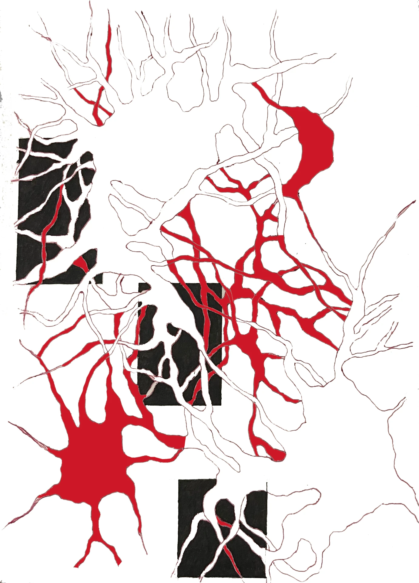 Red and black cut-paper root network across white paper