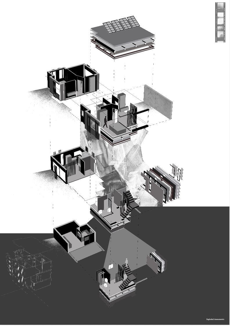 Greyscale exploded axonometric of the Hackney housing: floor plates, partitions, stairs and photovoltaic roof