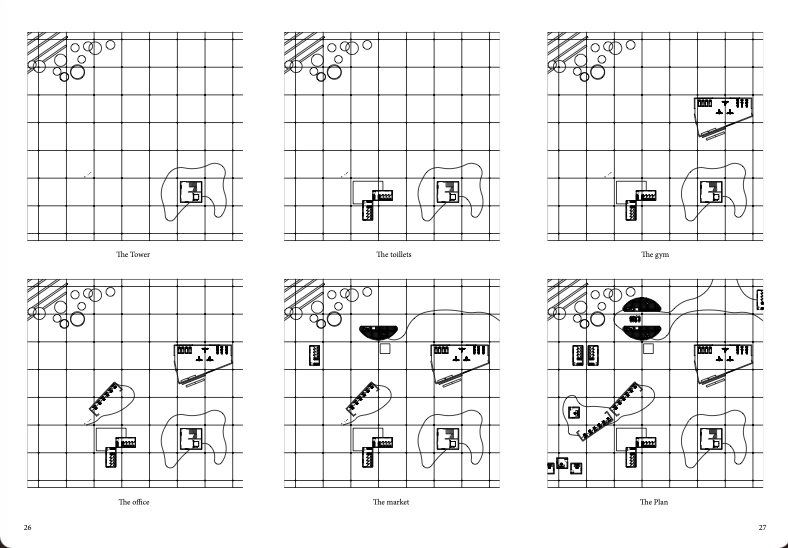 Vidgulfo Metropolitan Circuit sequence of six territorial drawings: tower, toilets, gym, office, market and plan