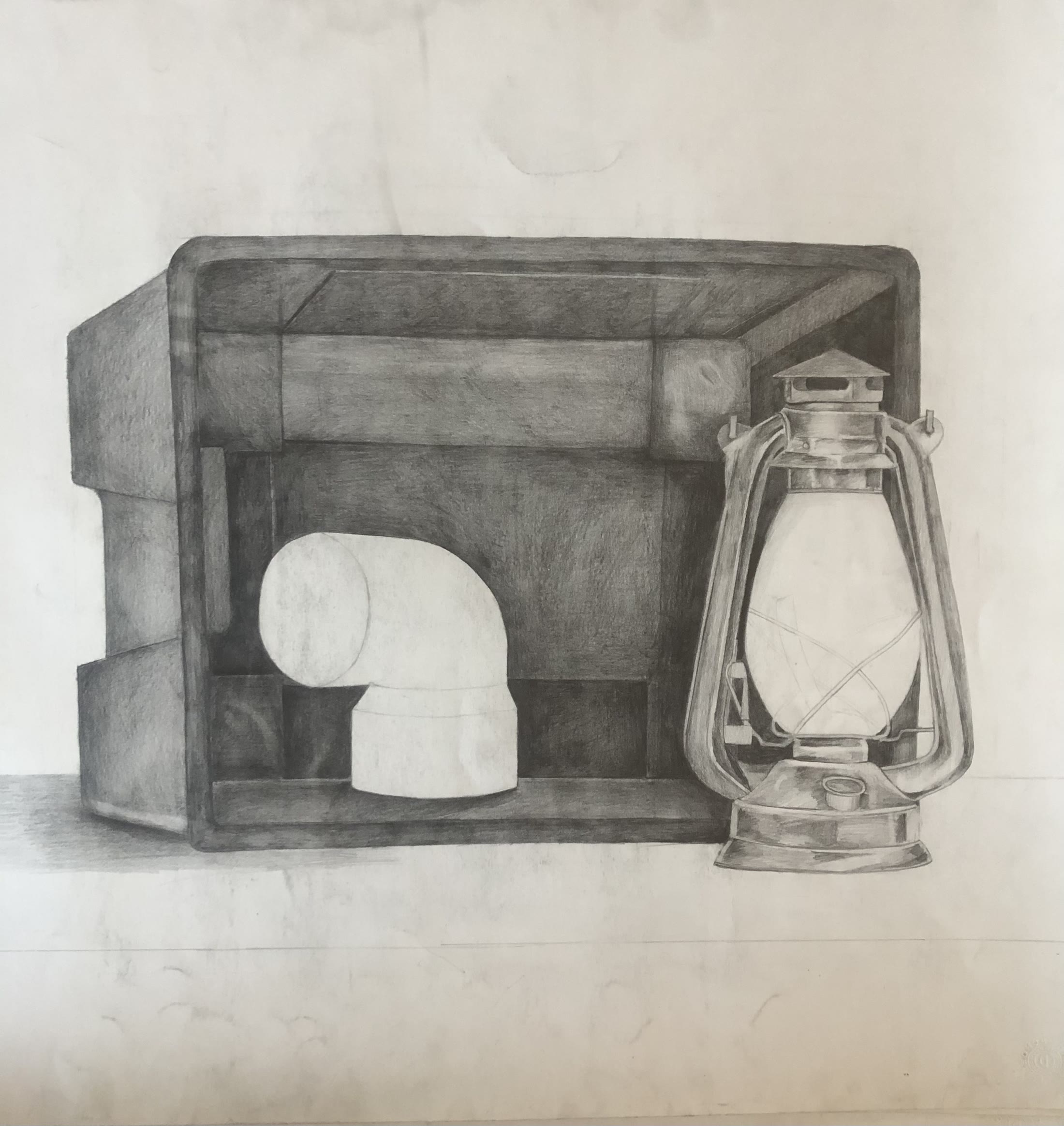 Graphite drawing of an open crate with a curved pipe and an oil lantern