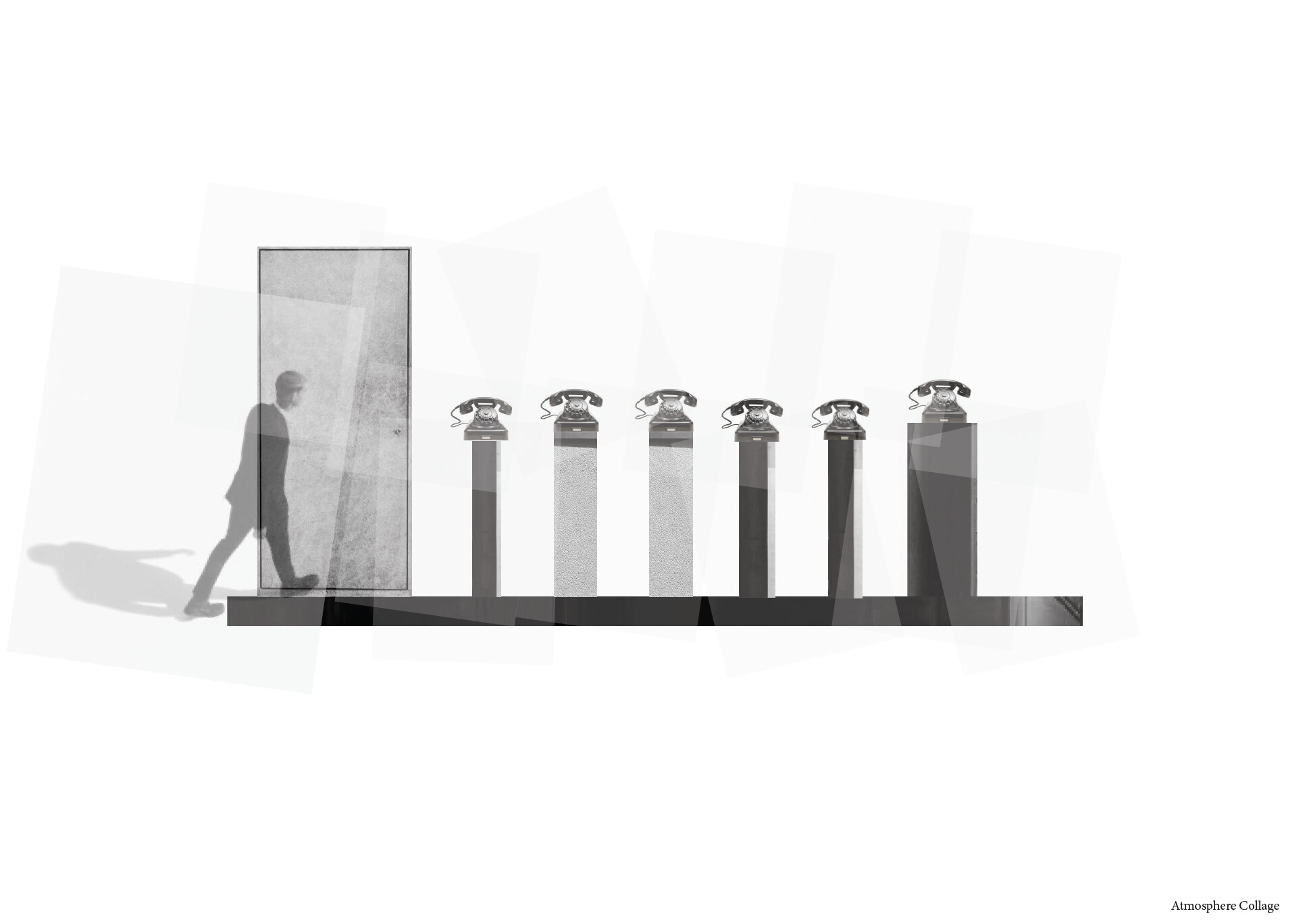 Collage elevation of a figure walking past a row of telephones on plinths