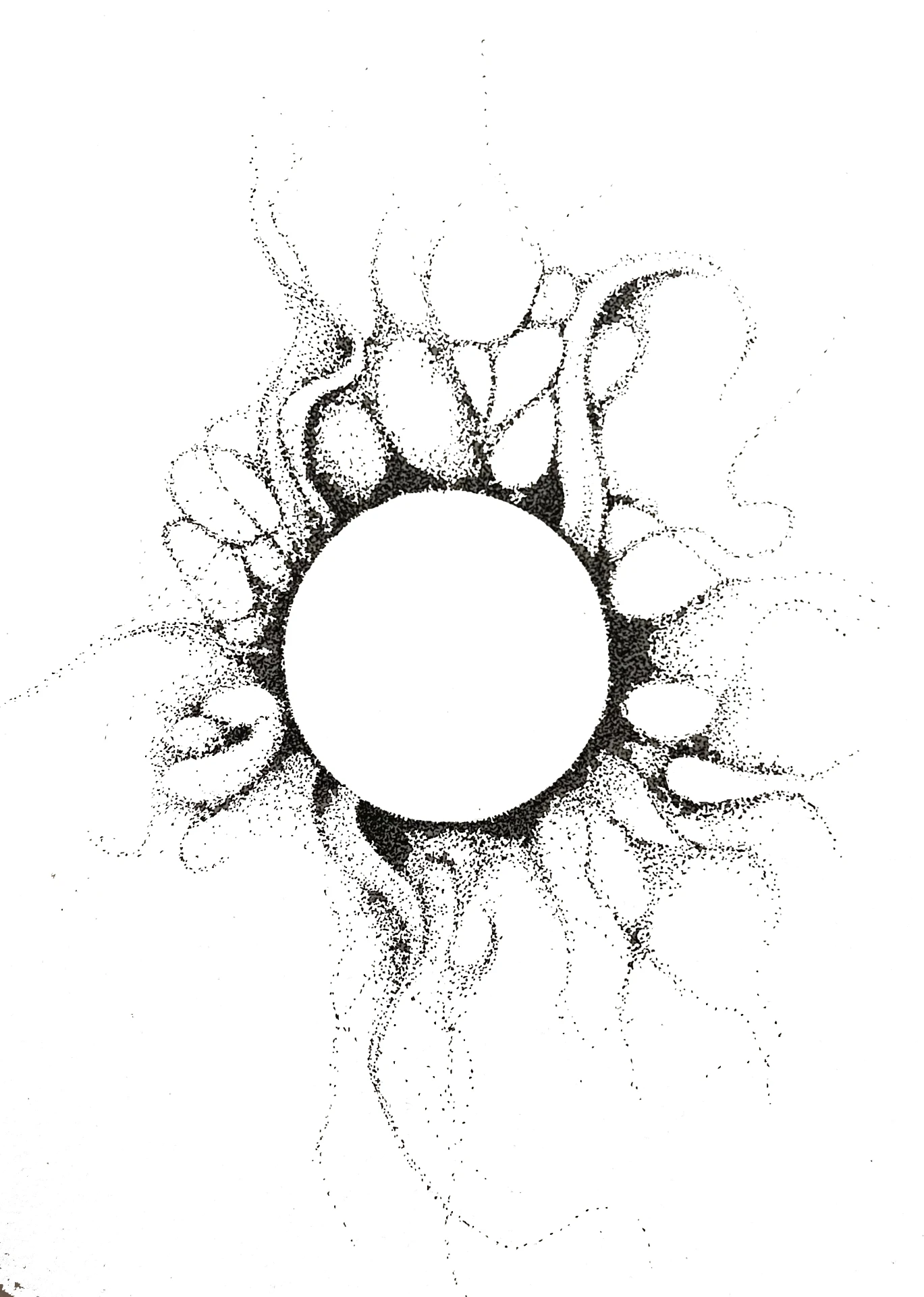 Stippled ink drawing of a void circle surrounded by radiating cellular tendrils