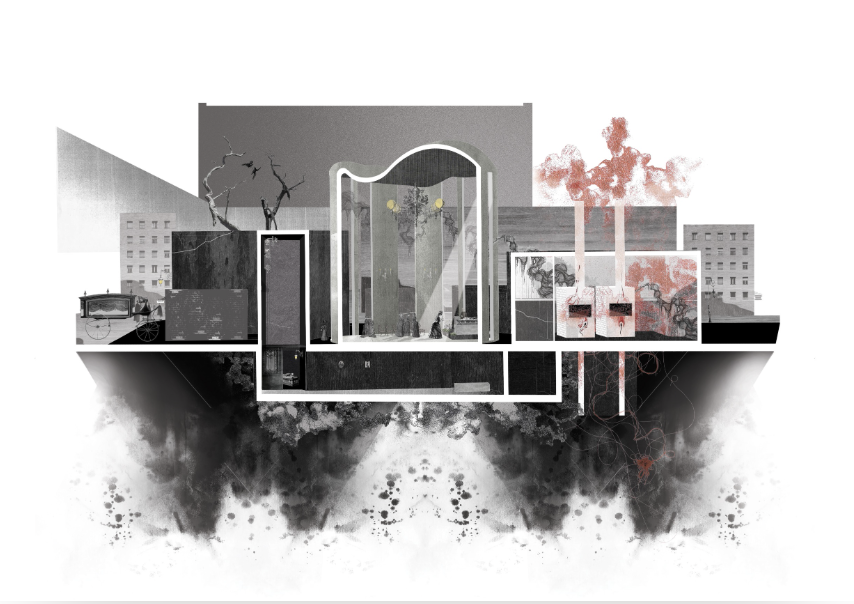 Crematorium section collage showing the domed chapel, garden walls and excavated ground