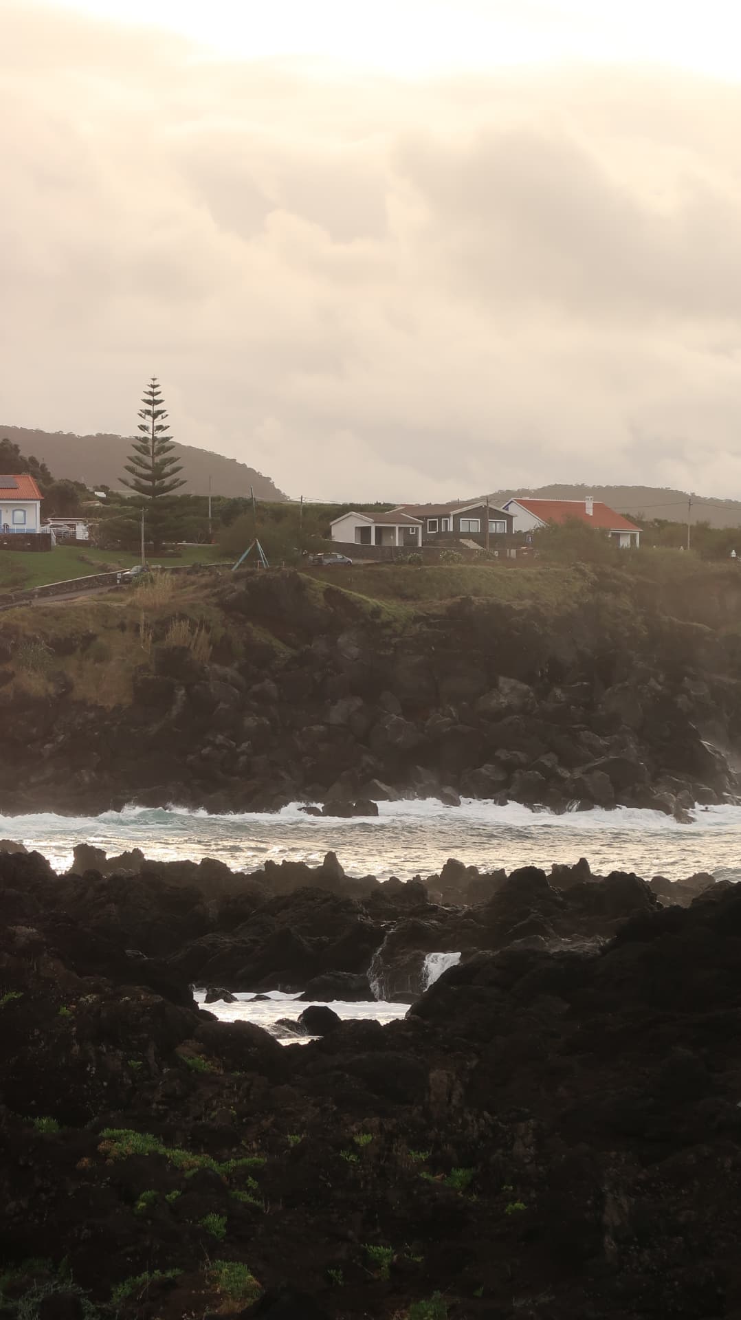Basalt coastline and white houses under heavy cloud
