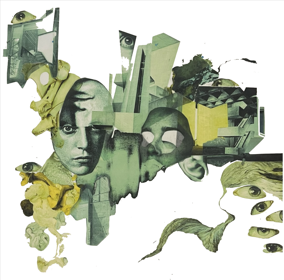 Green-tinted collage of faces, architectural fragments and watchful eyes