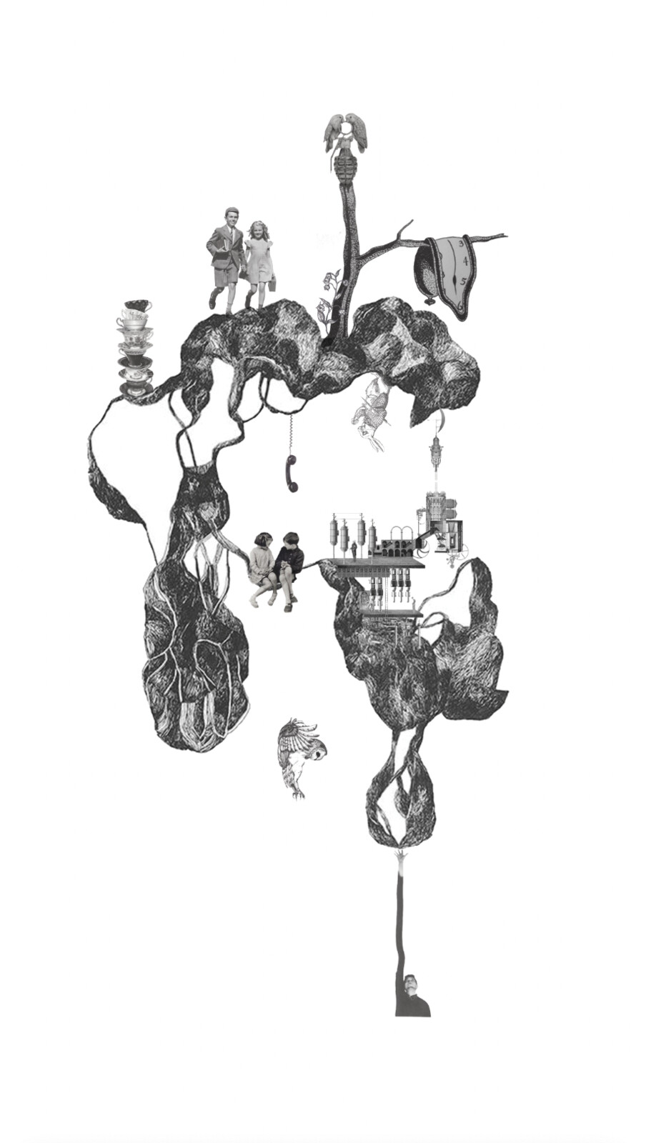 Ink collage of continents drawn as hanging masses with figures, cups and machinery