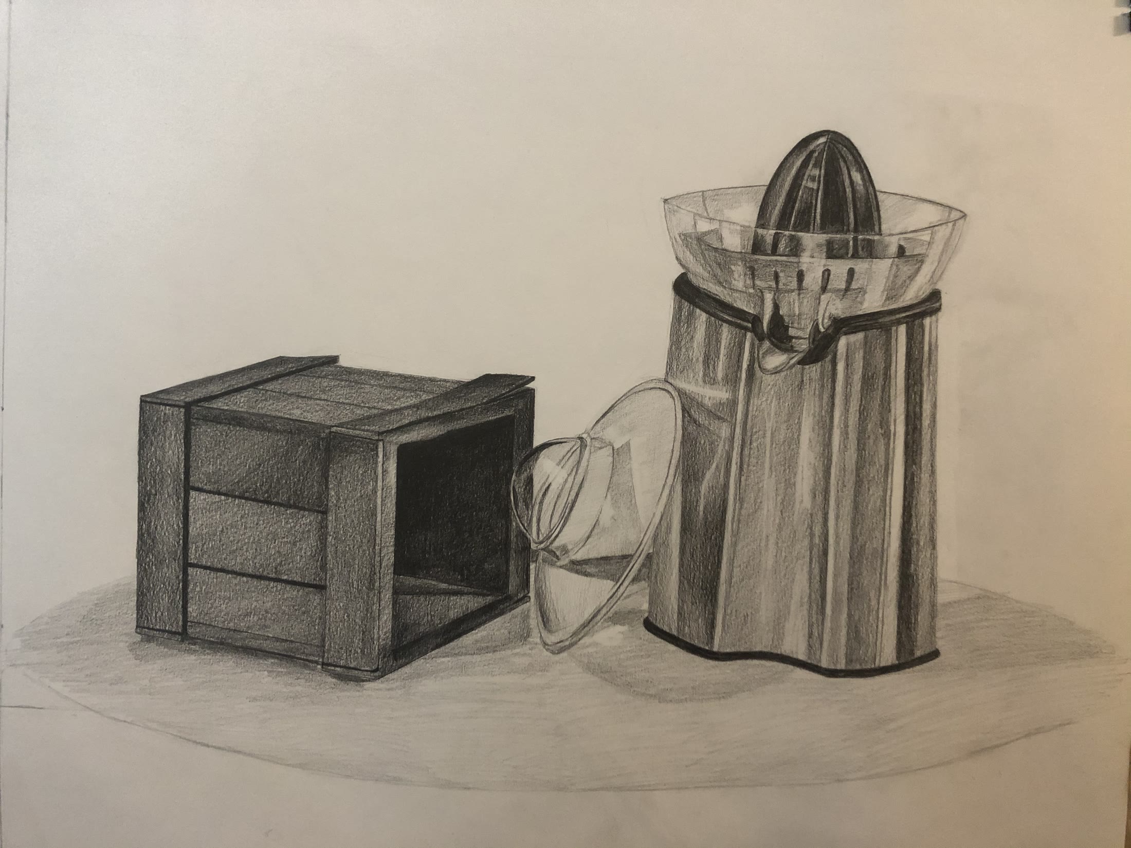 Pencil still life of a wooden crate beside a citrus juicer