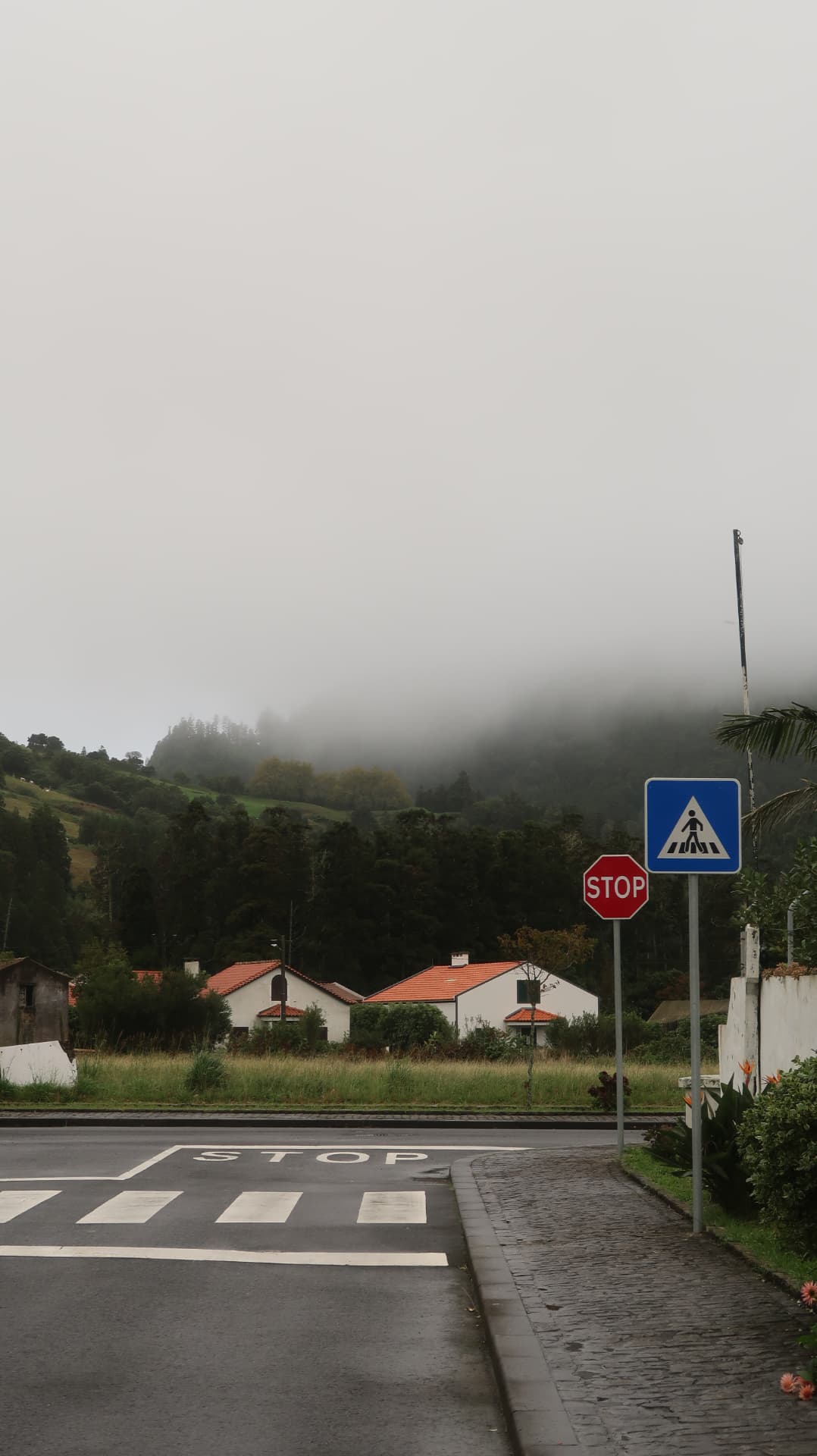 Crossing with a stop sign and orange roofed houses against a foggy ridge