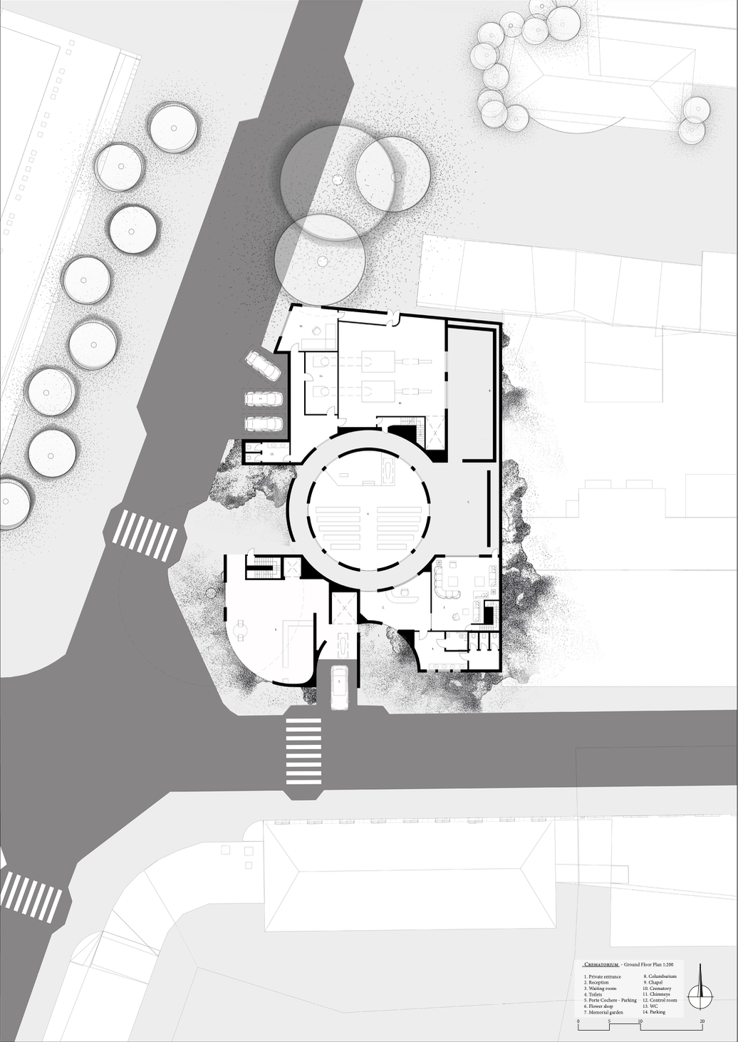 Crematorium ground floor plan with circular chapel and surrounding site