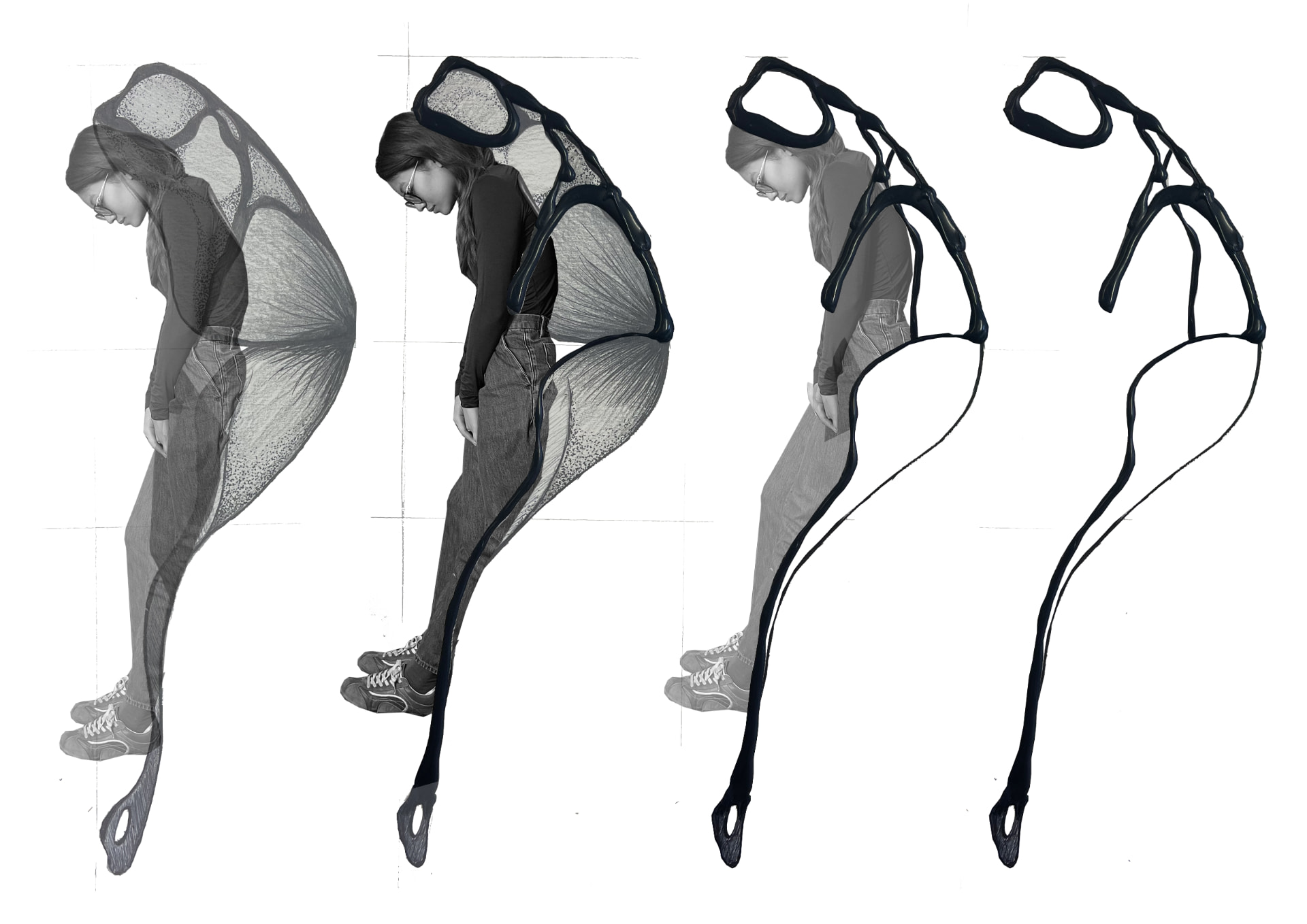 Four-part greyscale series of a figure with a wing prosthesis reduced to line