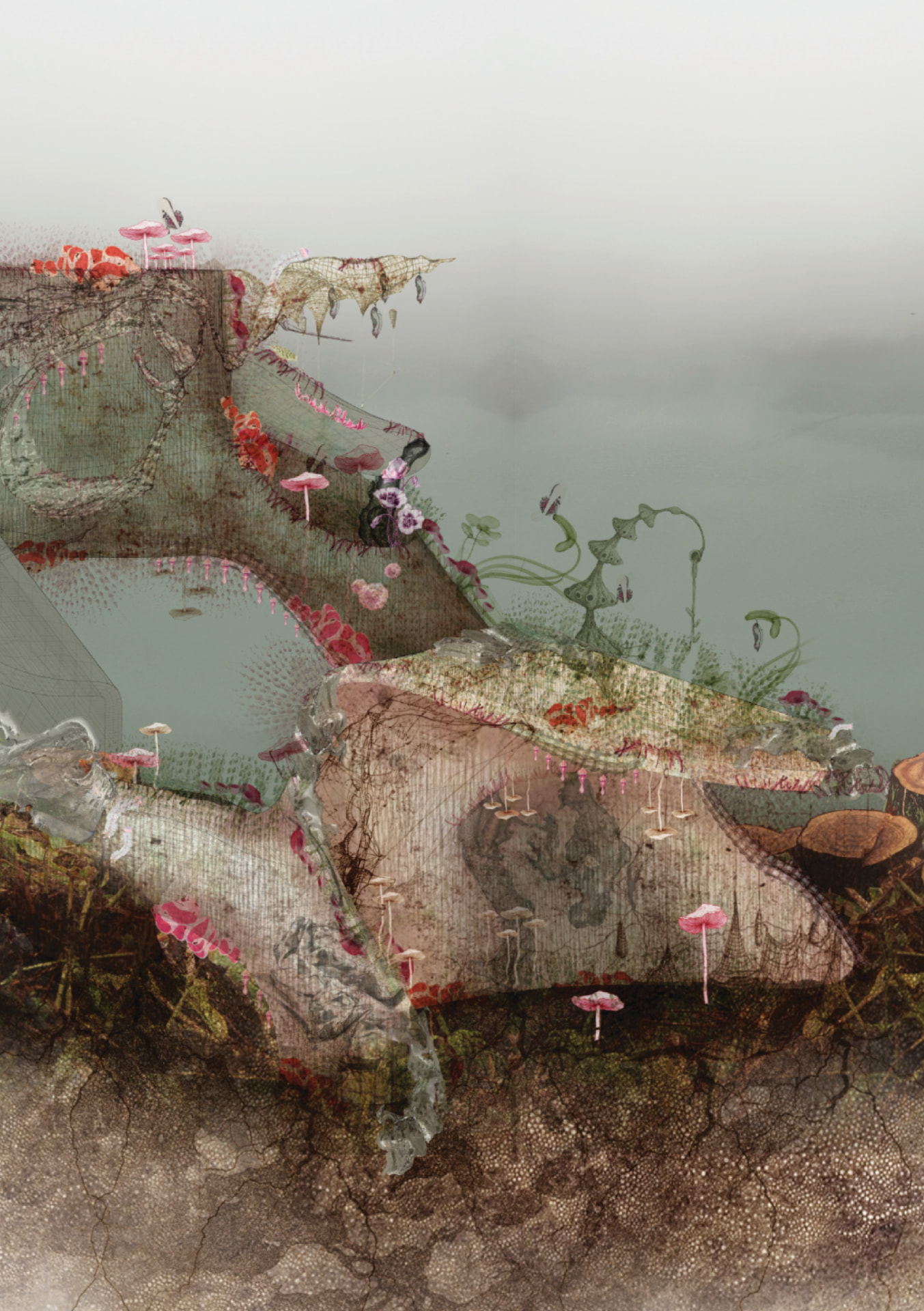 Collage of a foggy Azorean forest layered with butterflies, chrysalides and organic lace structures