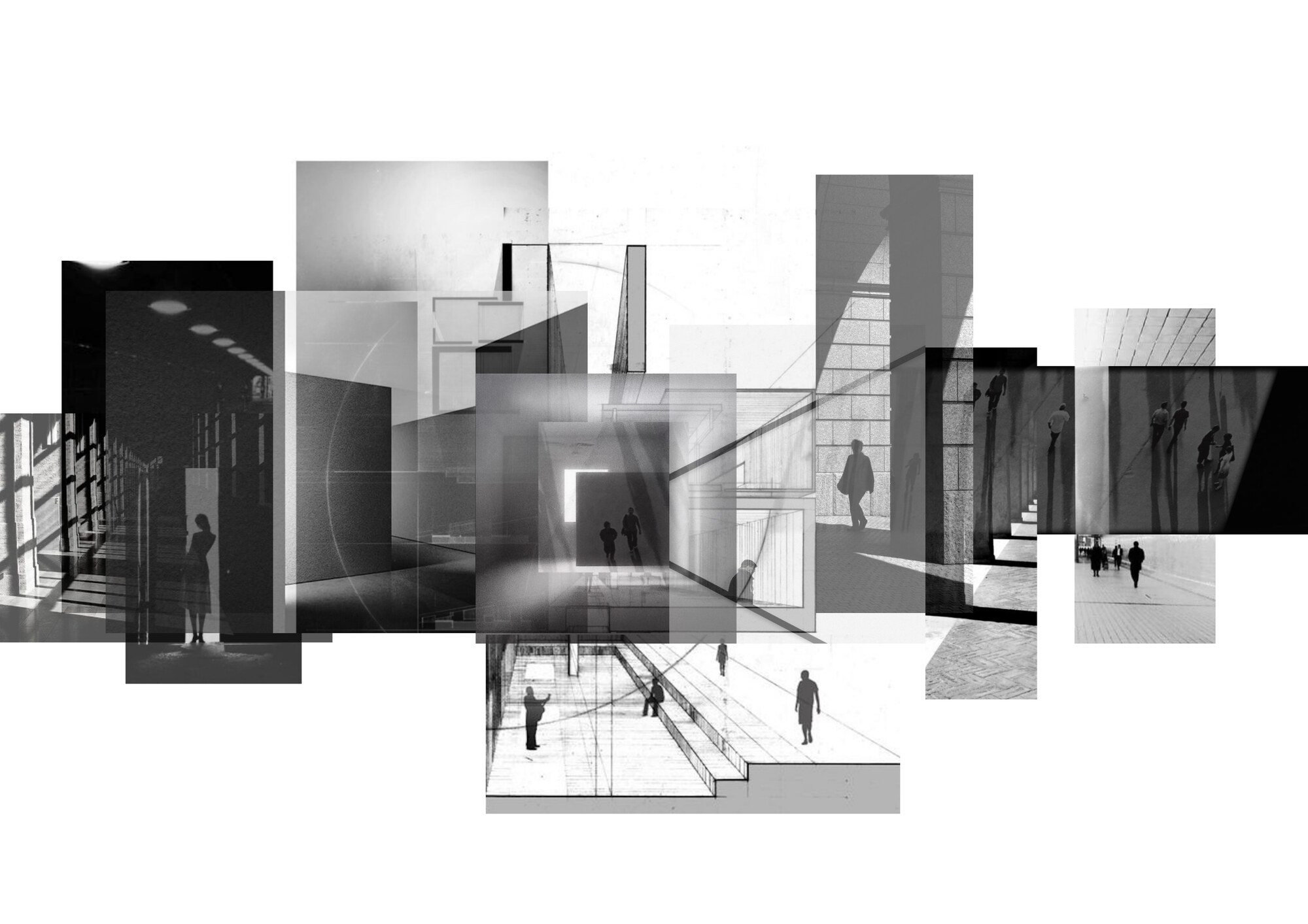 Greyscale atmosphere collage of overlapping corridors, thresholds and walking figures