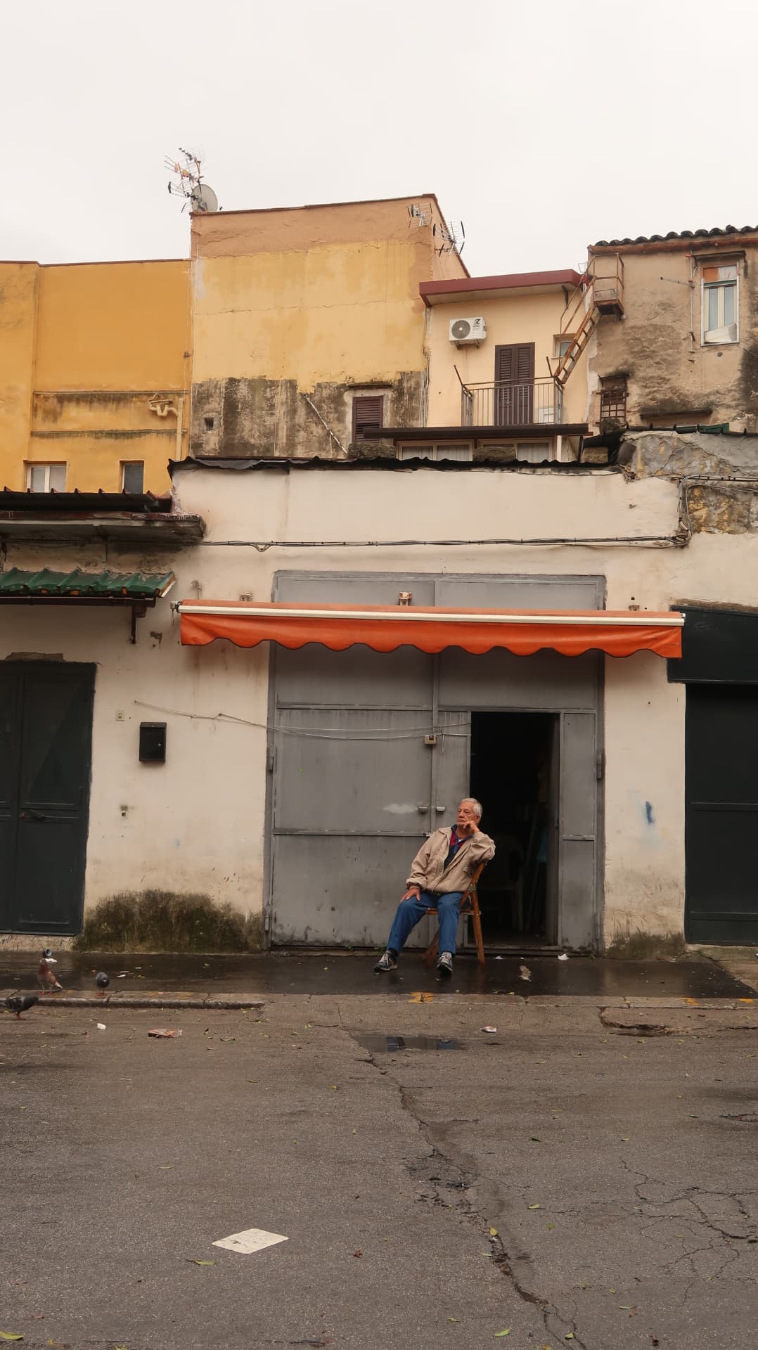 Man resting outside a shuttered workshop with pigeons on the wet street