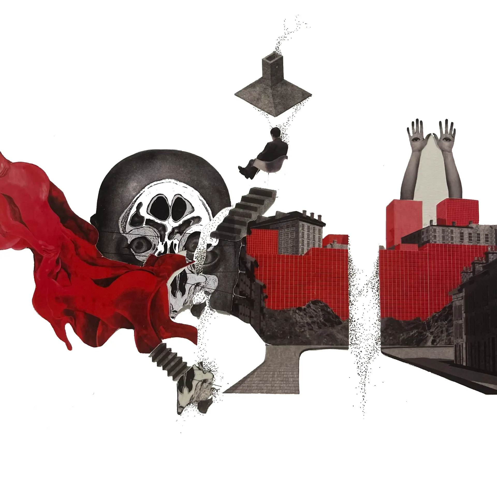 Red and black architectural collage with figures, stairs, a skull and gridded city forms