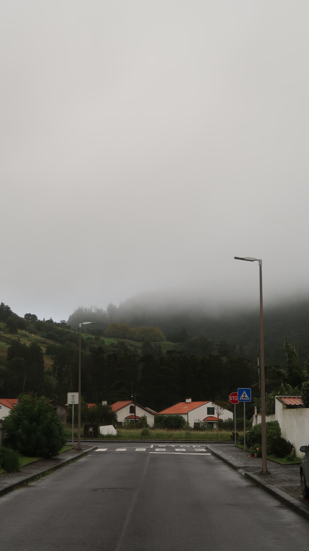 Wet village road with street lamps and fog rolling over the hill