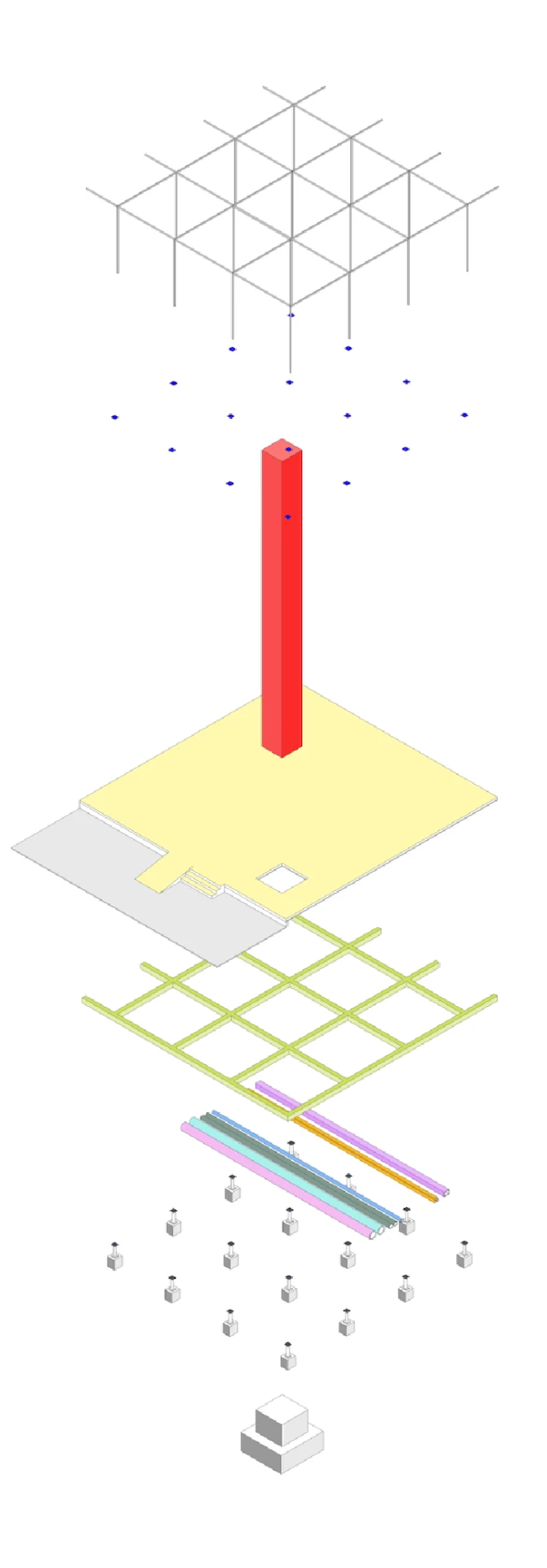 Exploded axonometric of the Vidgulfo Metropolitan Circuit showing the scaffold grid, red tower, platform and foundations