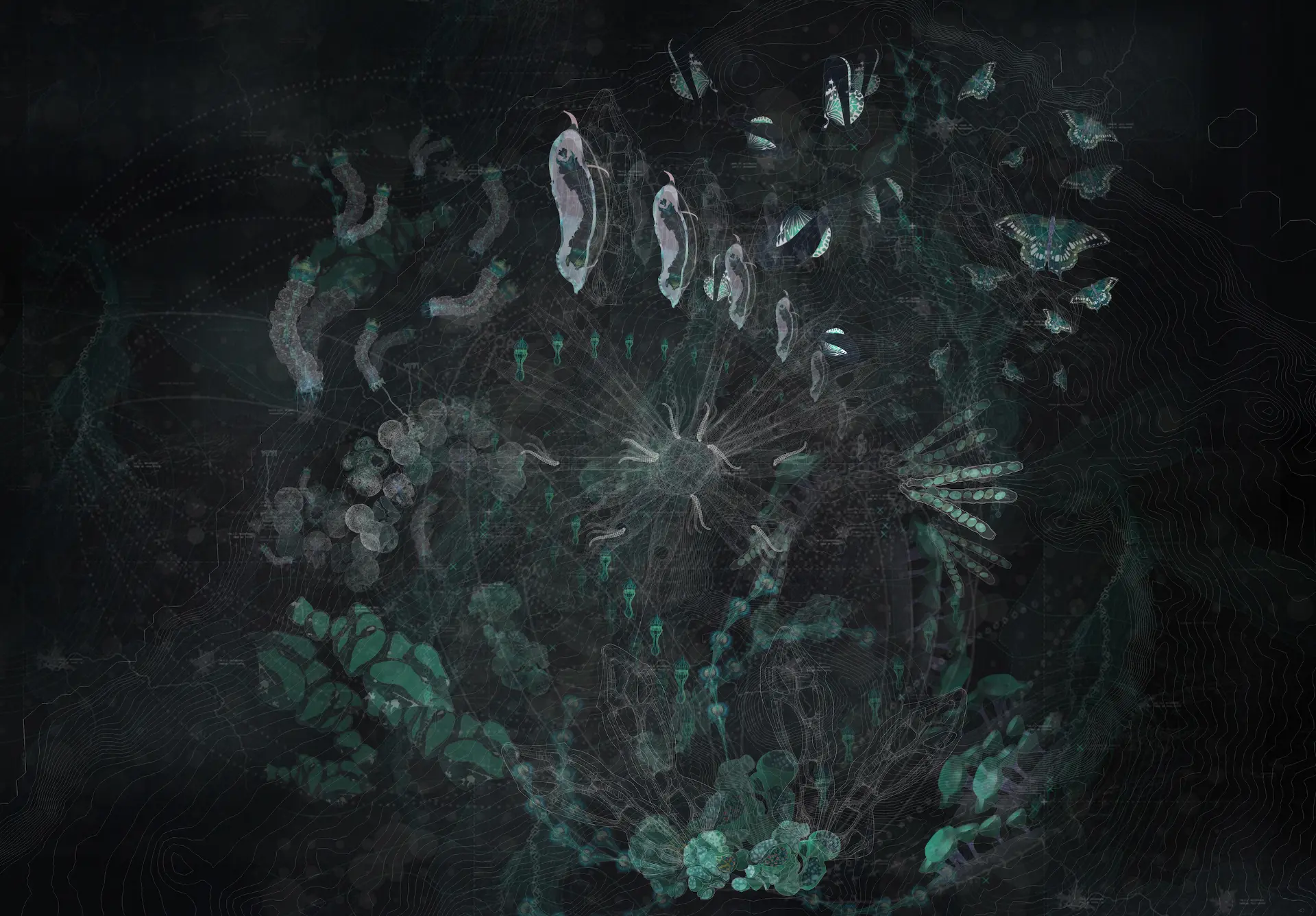 Dark atmospheric site drawing with teal and green organic growth, butterflies and chrysalides