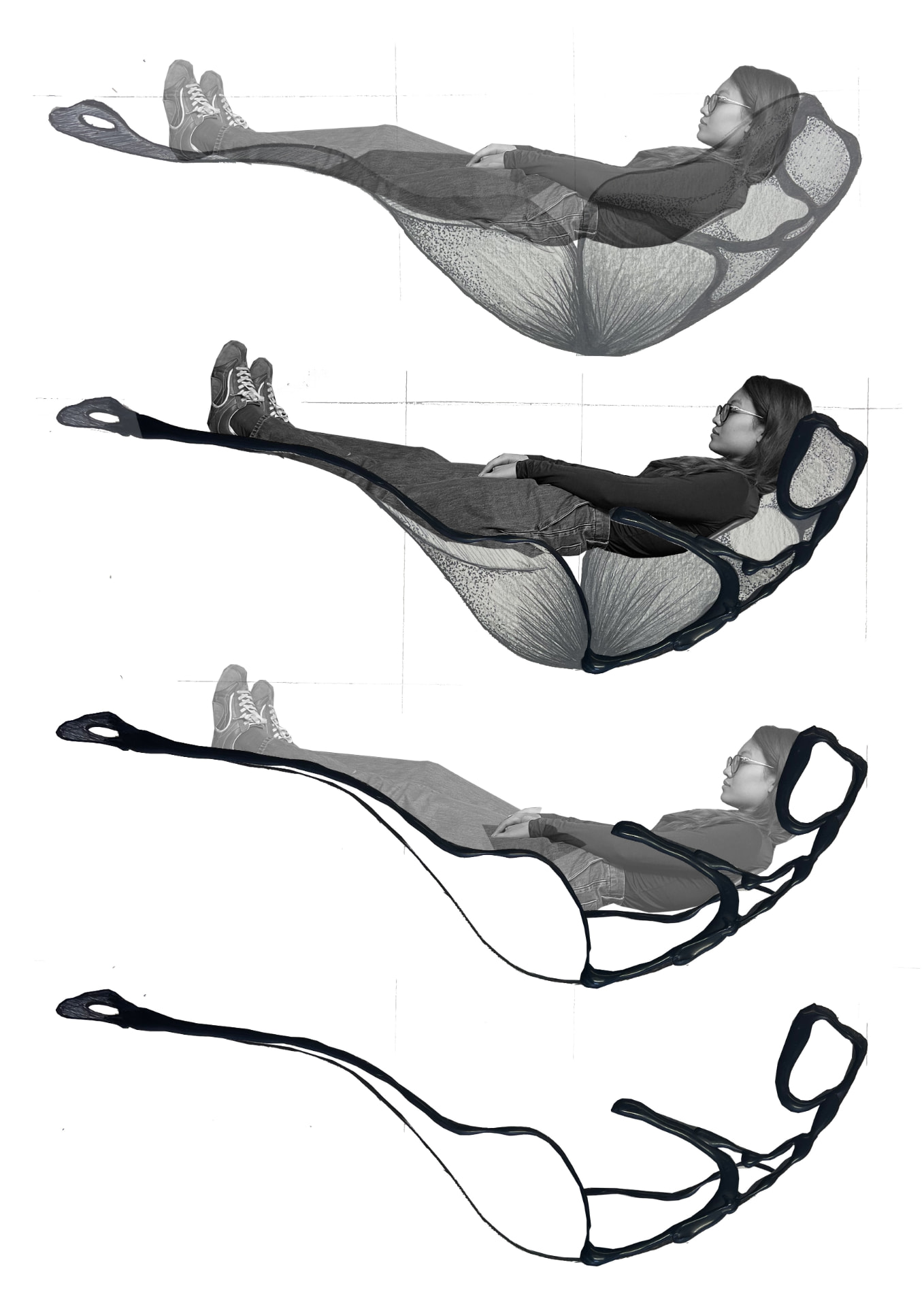 Four-stage study of a person reclining in an organic, mesh-like lounge chair