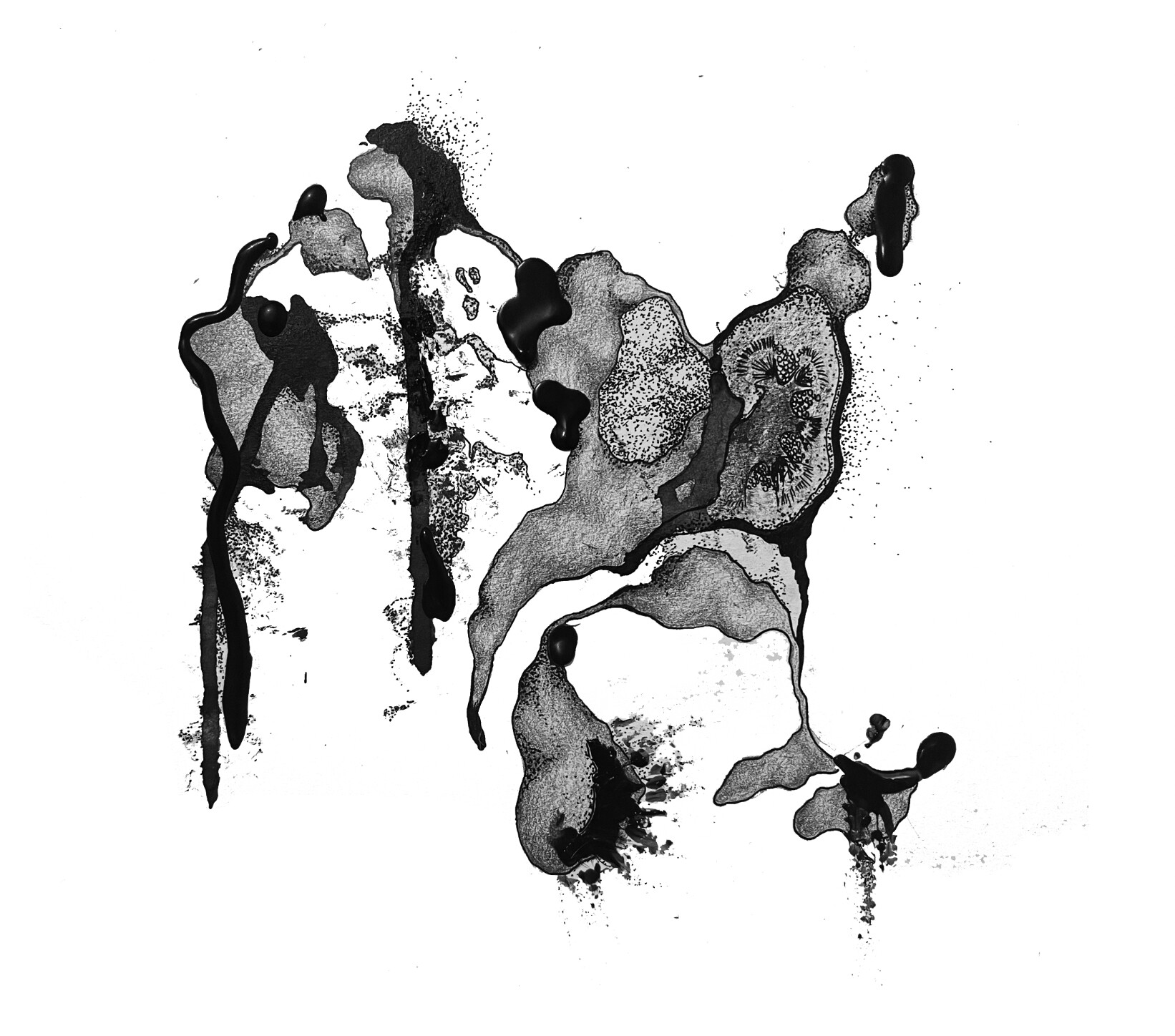 Ink plate of poured black masses and stippled grey islands drifting across white paper