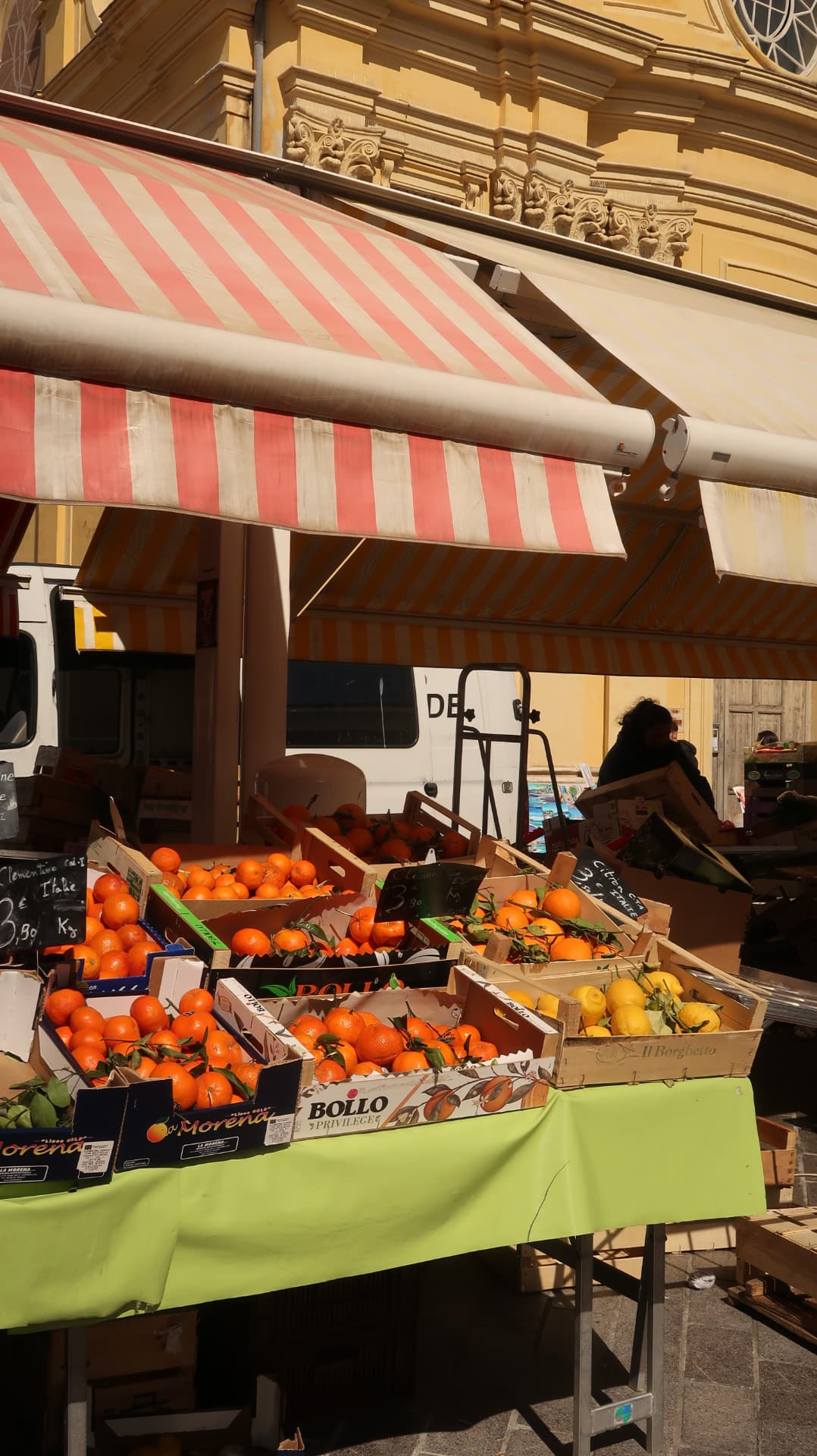Market crates of clementines and lemons under striped awnings