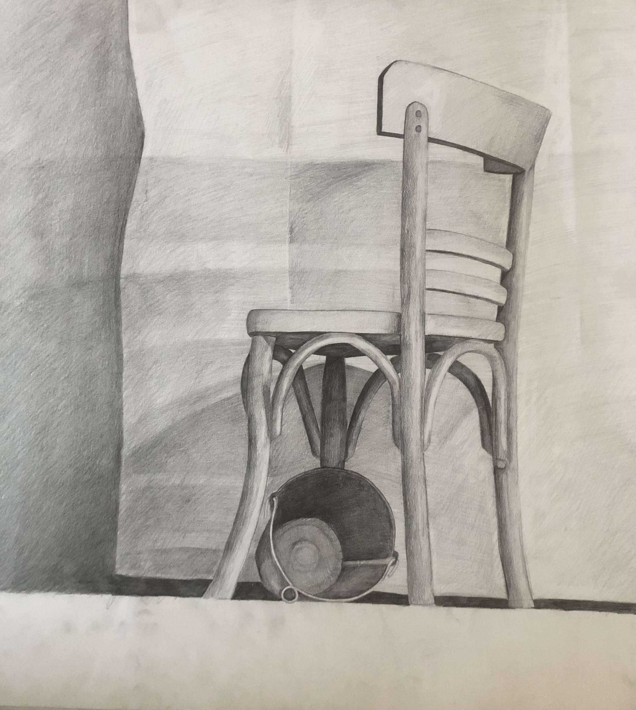 Pencil drawing of a bentwood chair with draped cloth behind