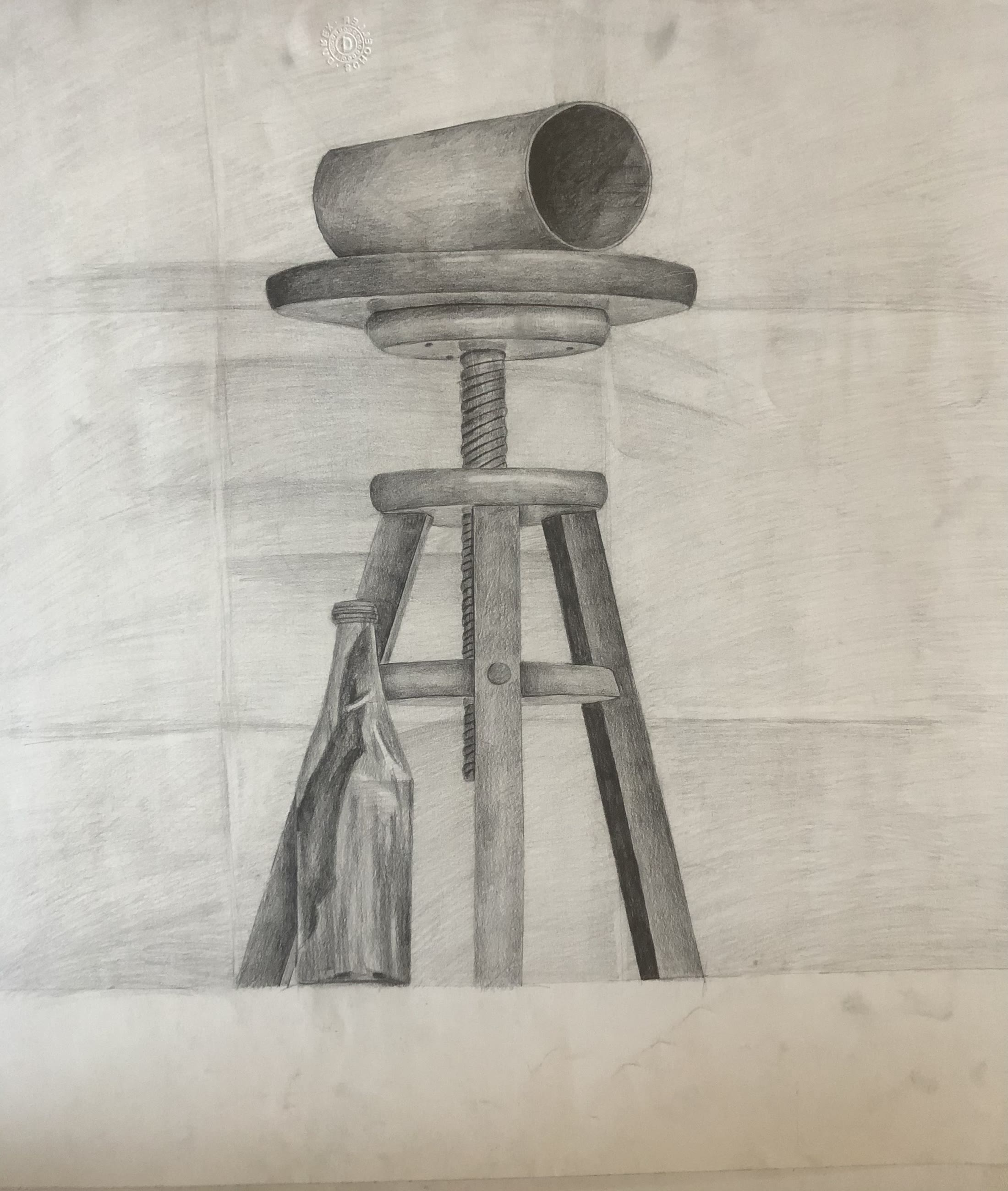 Pencil study of a wooden stool with a tin on top and a hanging cloth