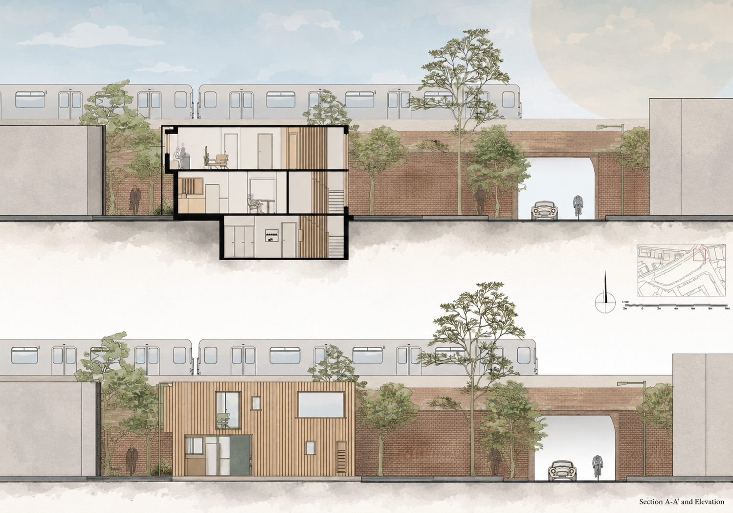 Rendered section A-A and elevation of the Hackney house beside the railway viaduct, timber-clad against brick arches