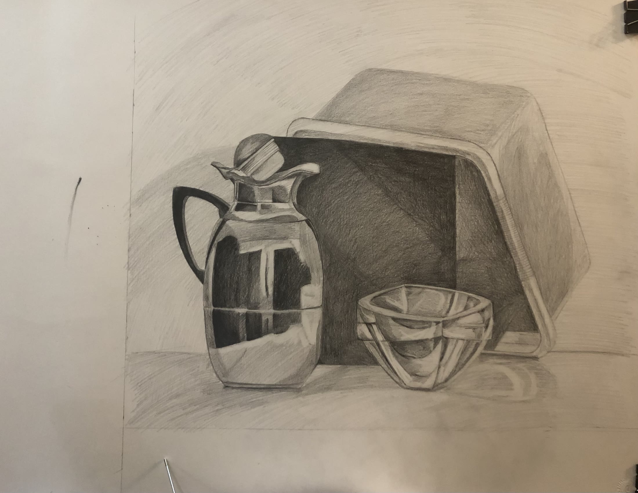 Graphite still life of a glass jug, bowl and angular container