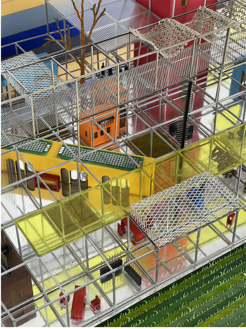 Vidigulfo model detail with yellow walkways and coloured blocks overhead