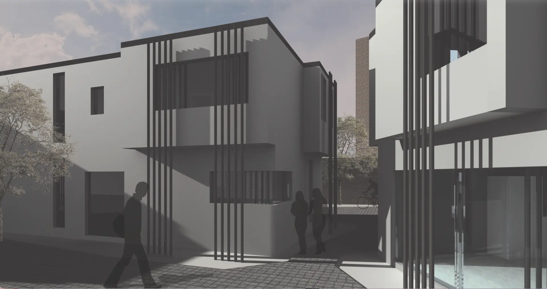Street view of the Hackney housing scheme: white rendered volumes with tall dark fins, seen from the pavement