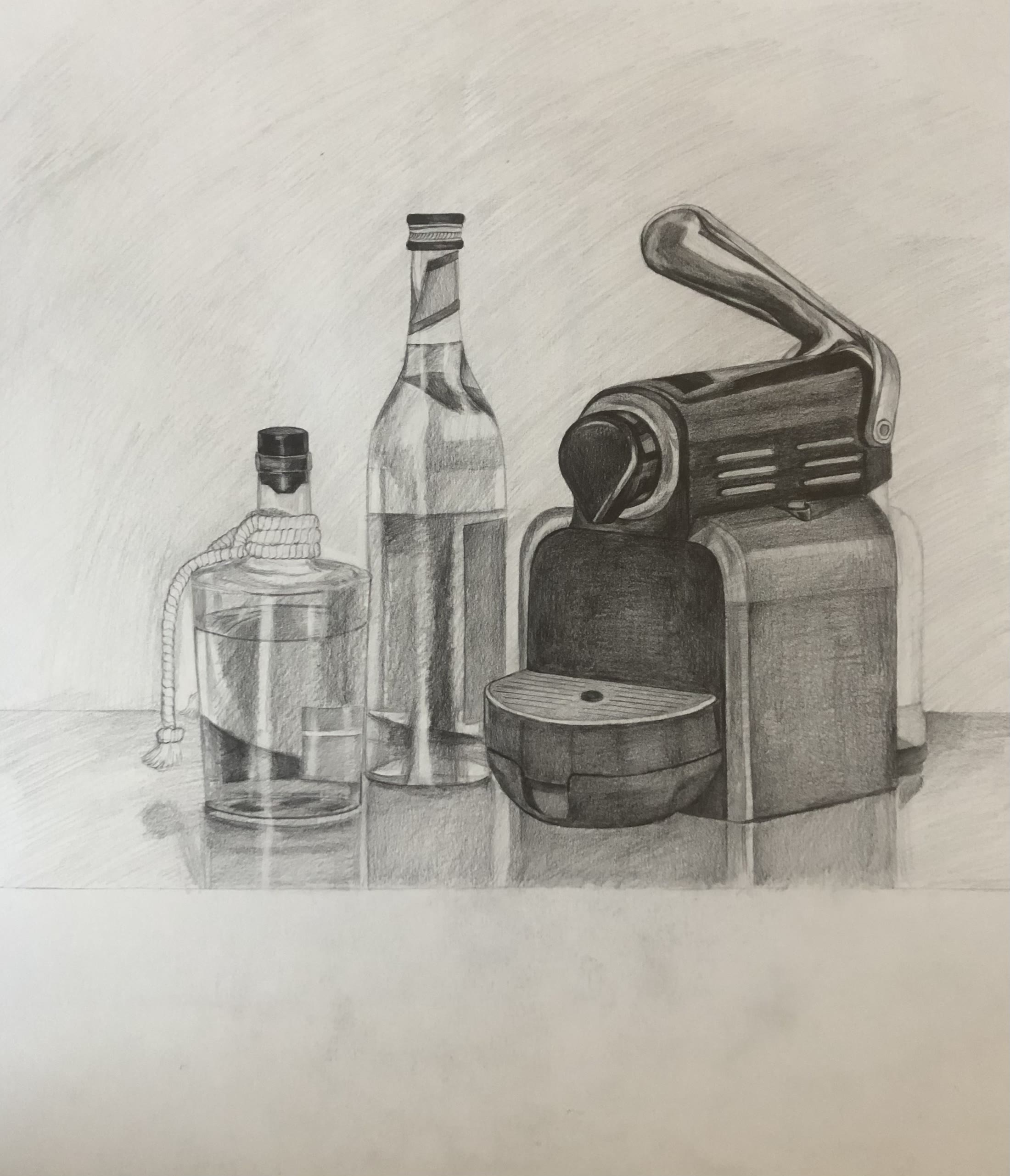 Pencil still life of bottles, a decanter and a kitchen appliance