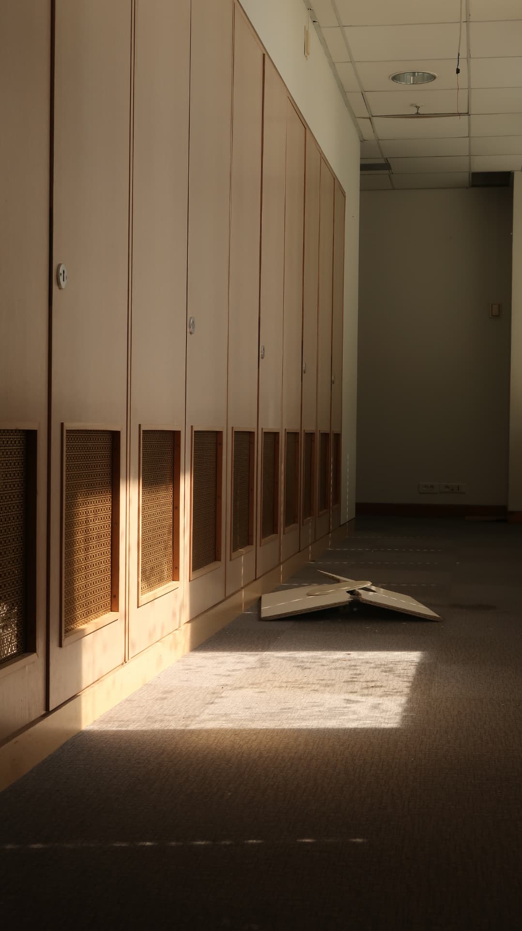 Corridor of cane-panelled cupboards in raking sunlight