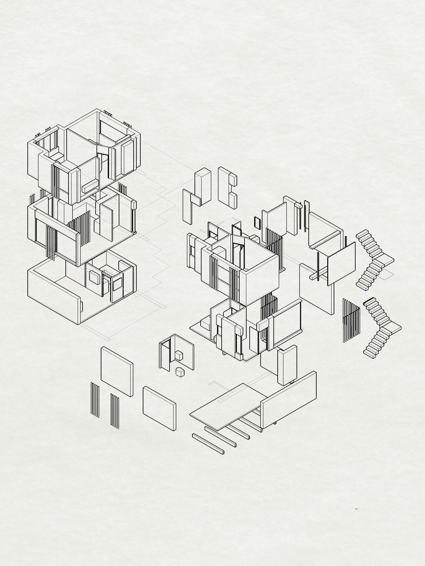 Line exploded axonometric of the Hackney house showing stacked levels, screens and stair components