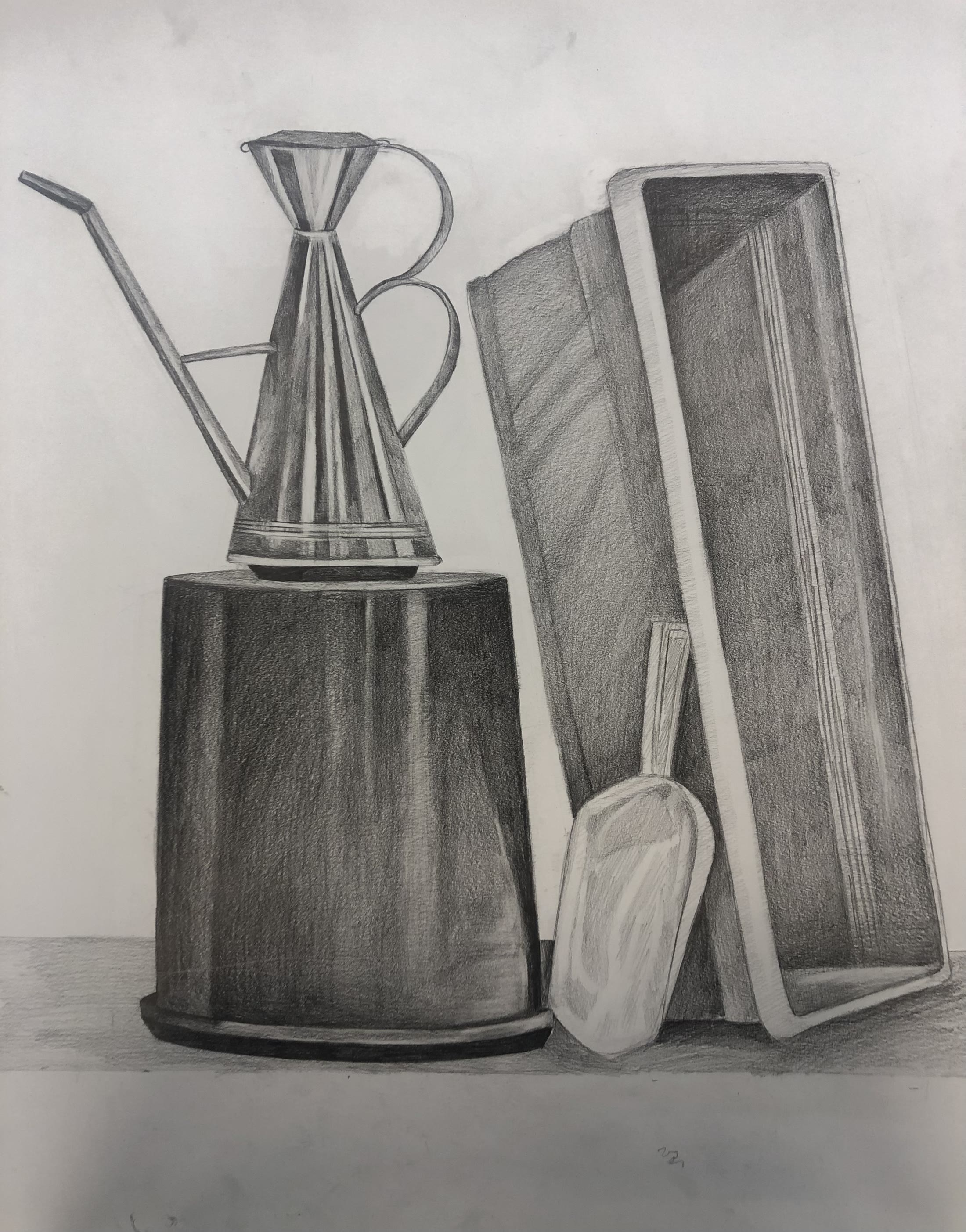 Graphite still life of an oil can, boxes and a scoop on a cylindrical base