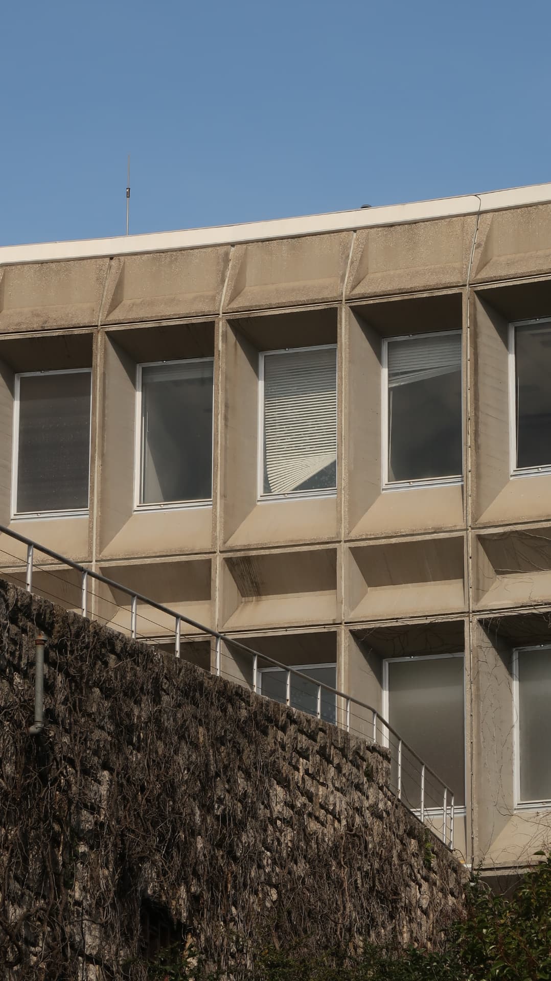 Precast concrete facade above an ivy-covered retaining wall