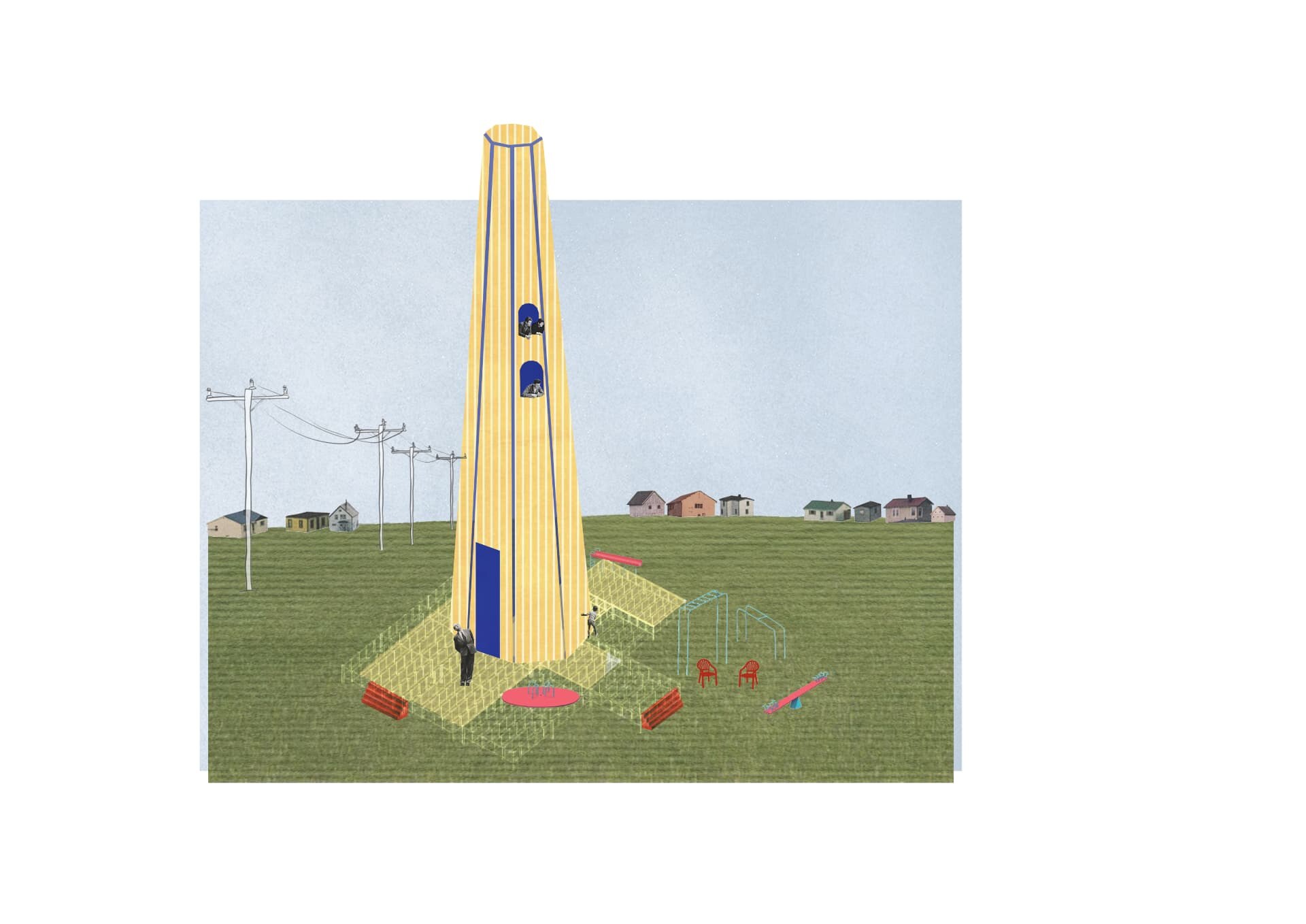 Collage of a striped yellow tower standing in a green field with playground pieces