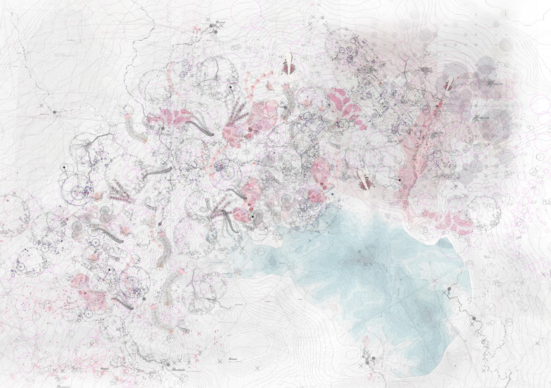 Large site map with topographic lines, pink organic markings and water features