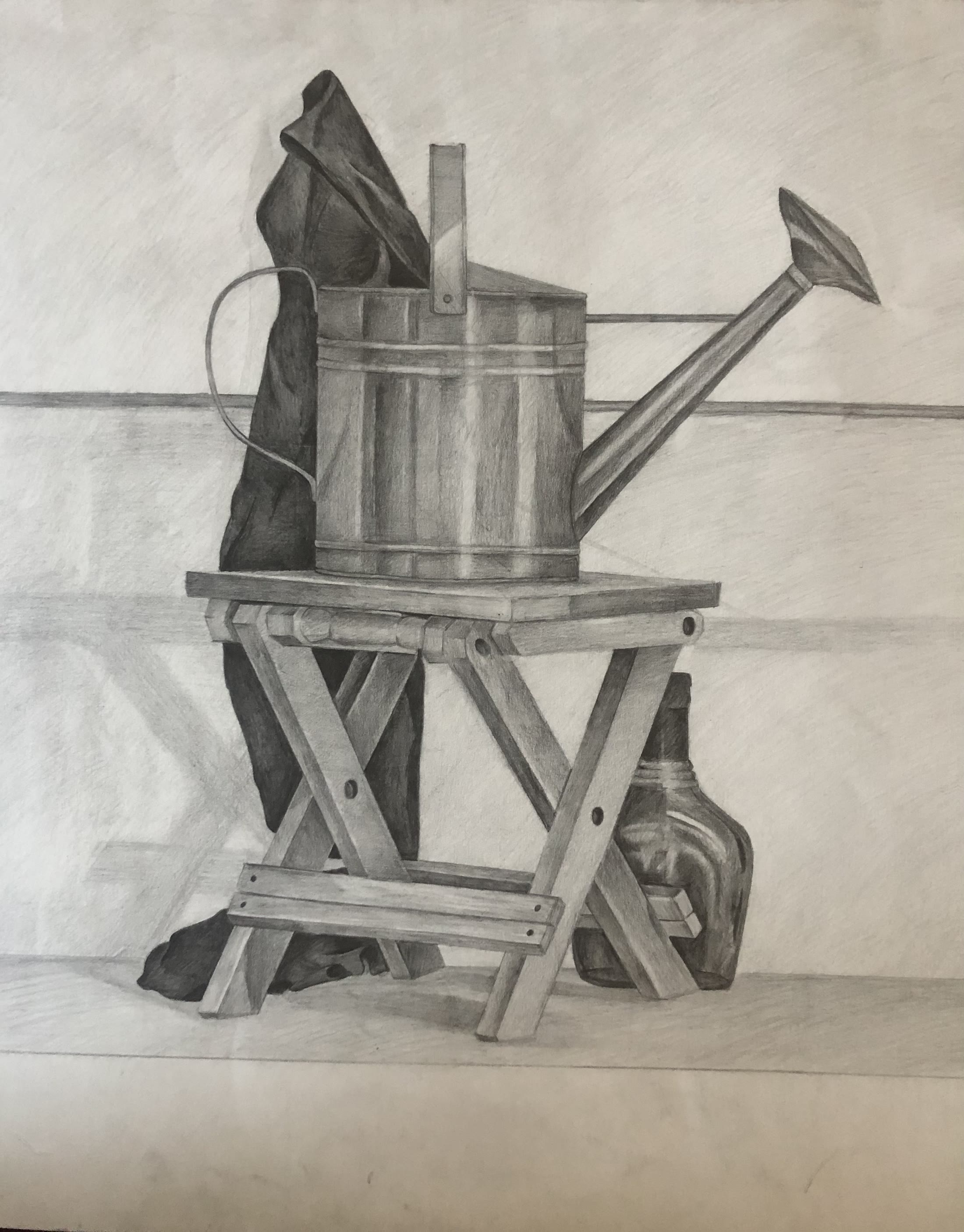 Graphite still life of a watering can and bucket on a folding stool