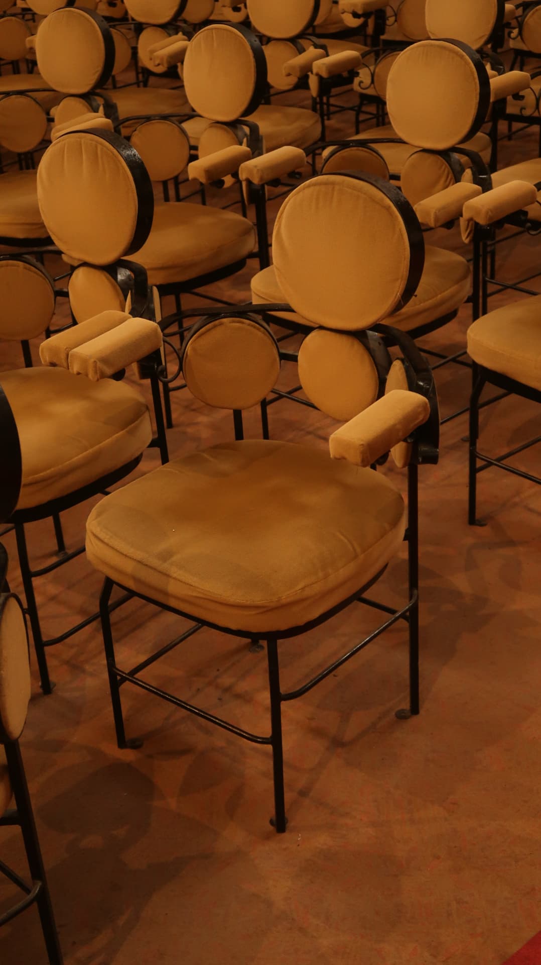 Ochre velvet chairs arranged in rows on a warm floor