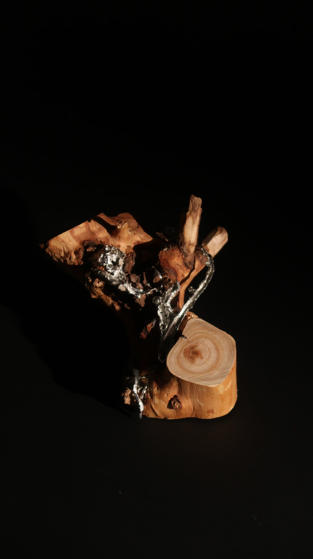 Small model of poured metal held inside a cut trunk section