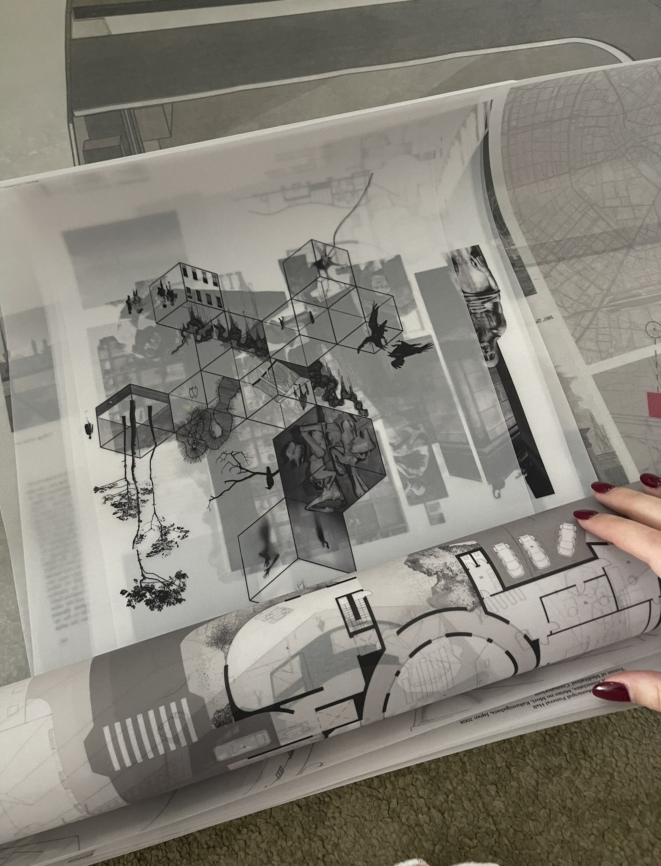 Portfolio spread of axonometric drawings and plans