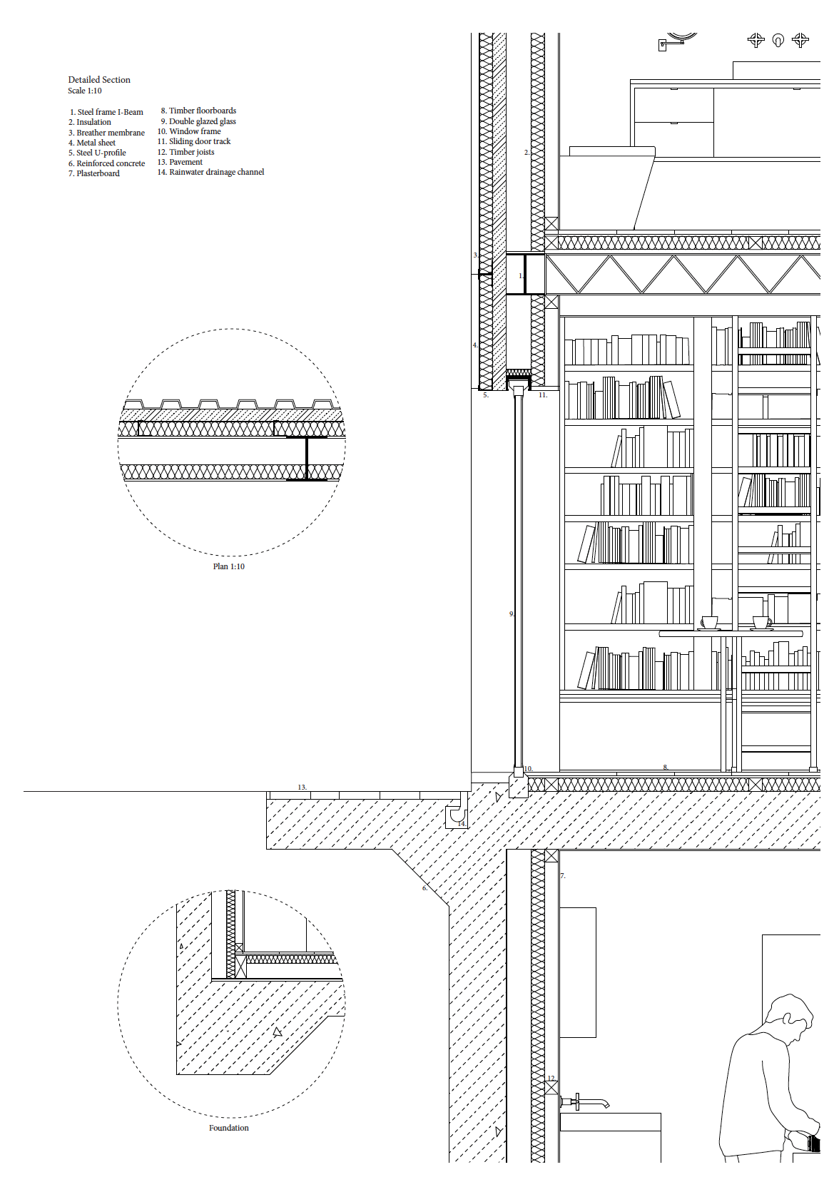 Detailed section at 1:10 through the Hackney house with foundation and roof build-up details annotated