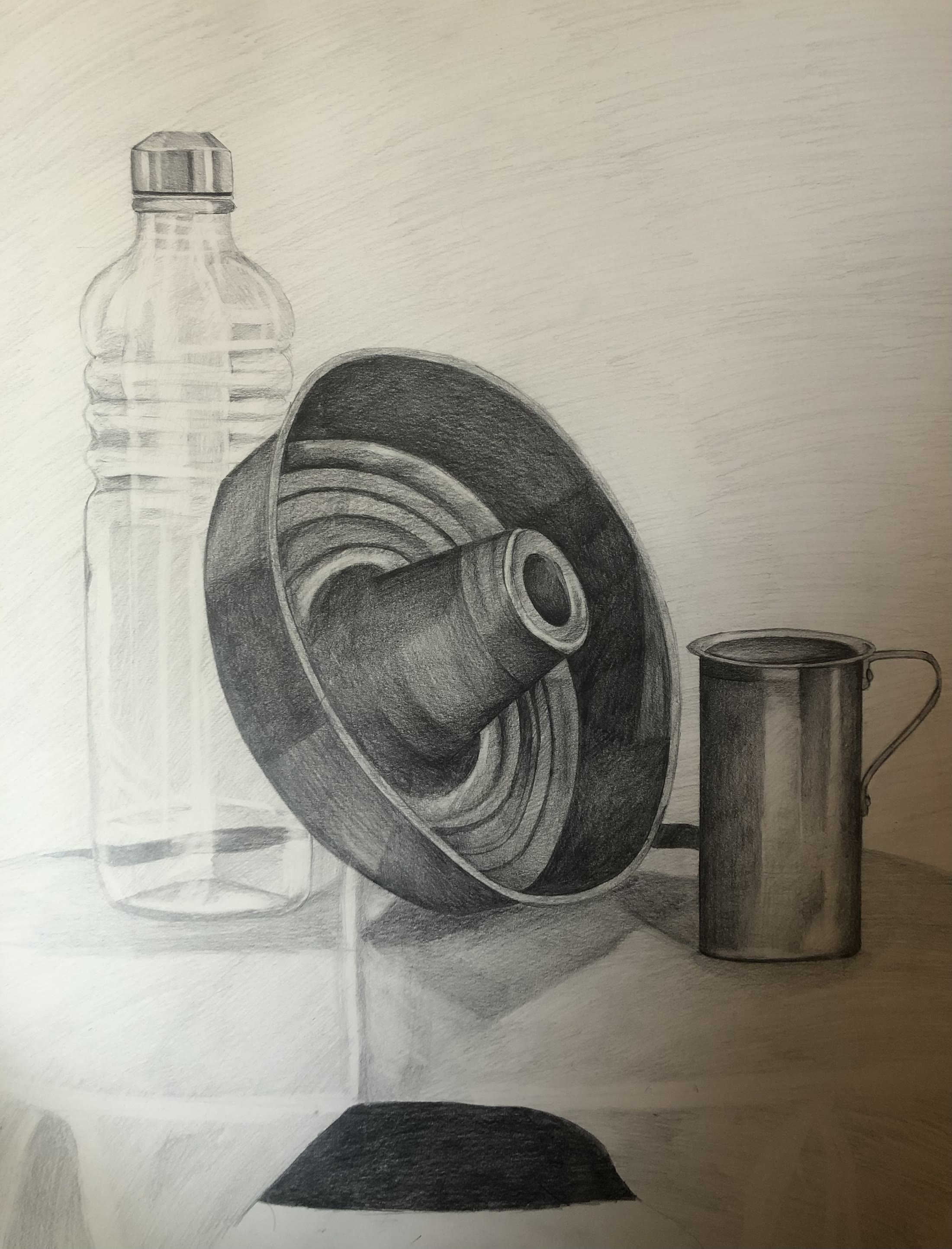 Graphite still life of a bottle, tilted lampshade and metal jug