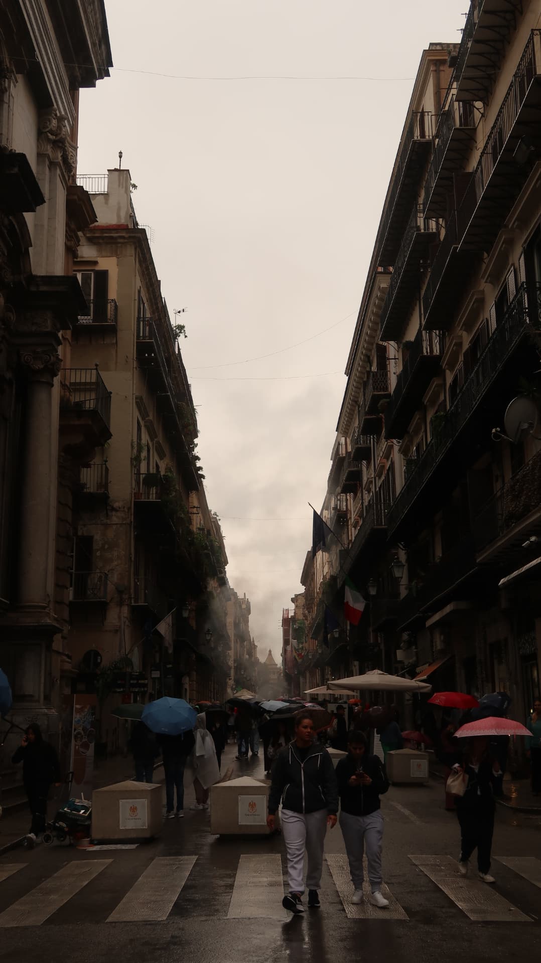 Rainy Palermo street lined with balconies and umbrellas